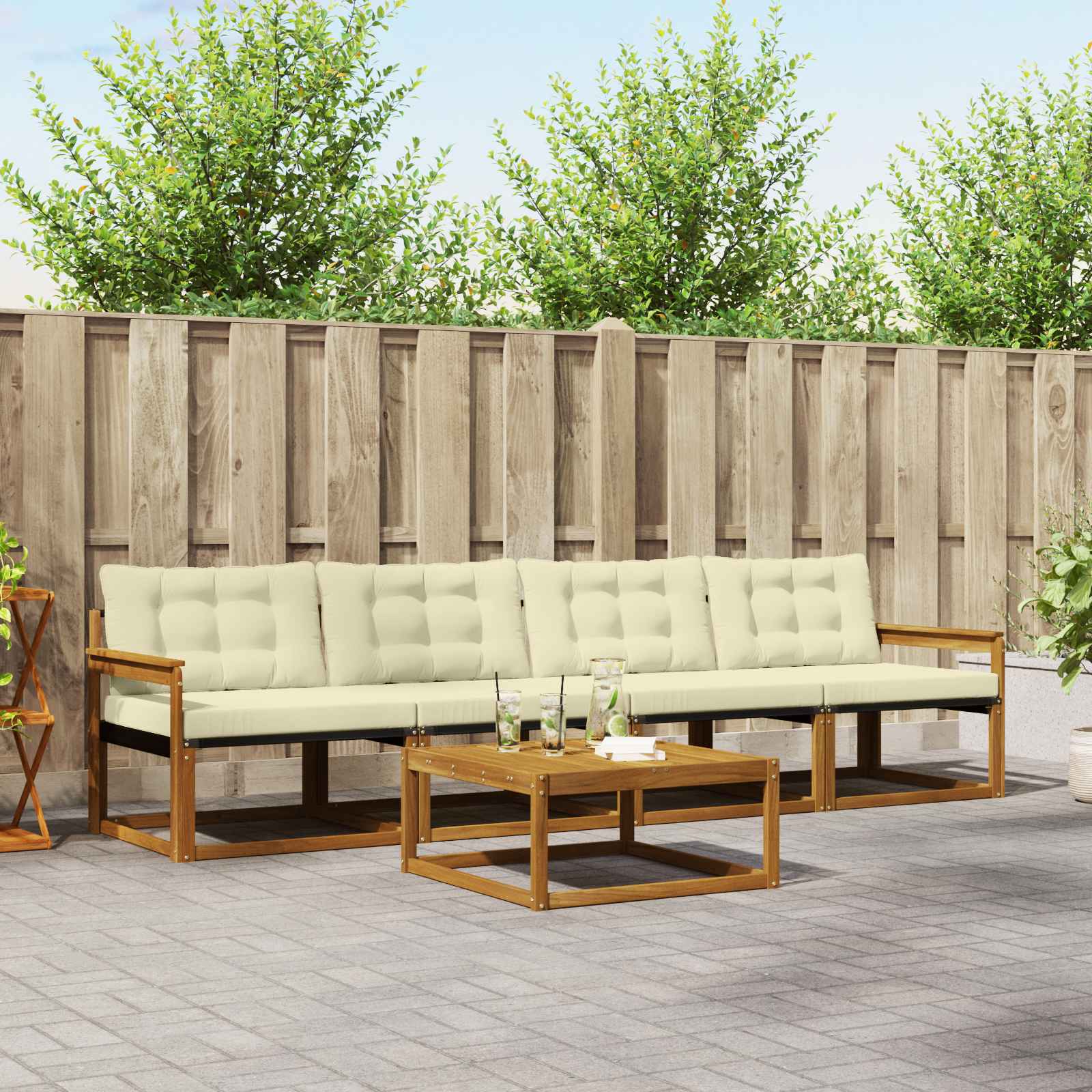 Conjunto de sofás de exterior con cojín 5 pcs Natural y Crema