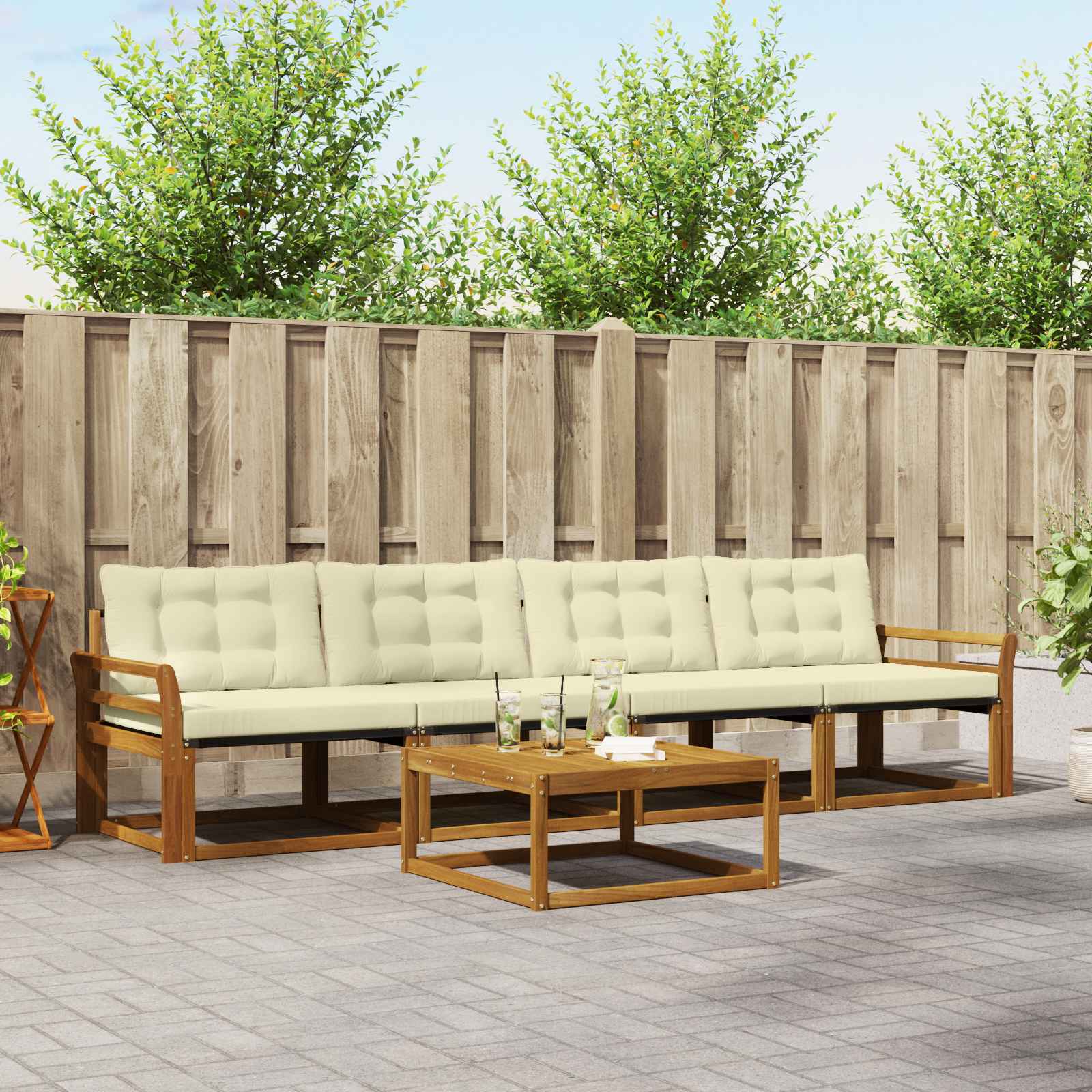 Conjunto de sofás de exterior con cojín 5 pcs Natural y Crema