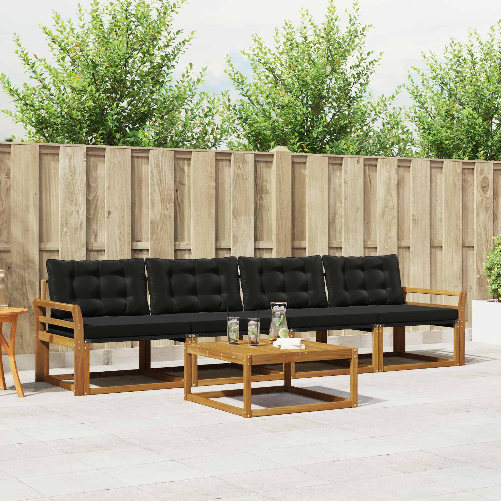 Conjunto de sofás de exterior con cojín 5 pcs Natural y negro