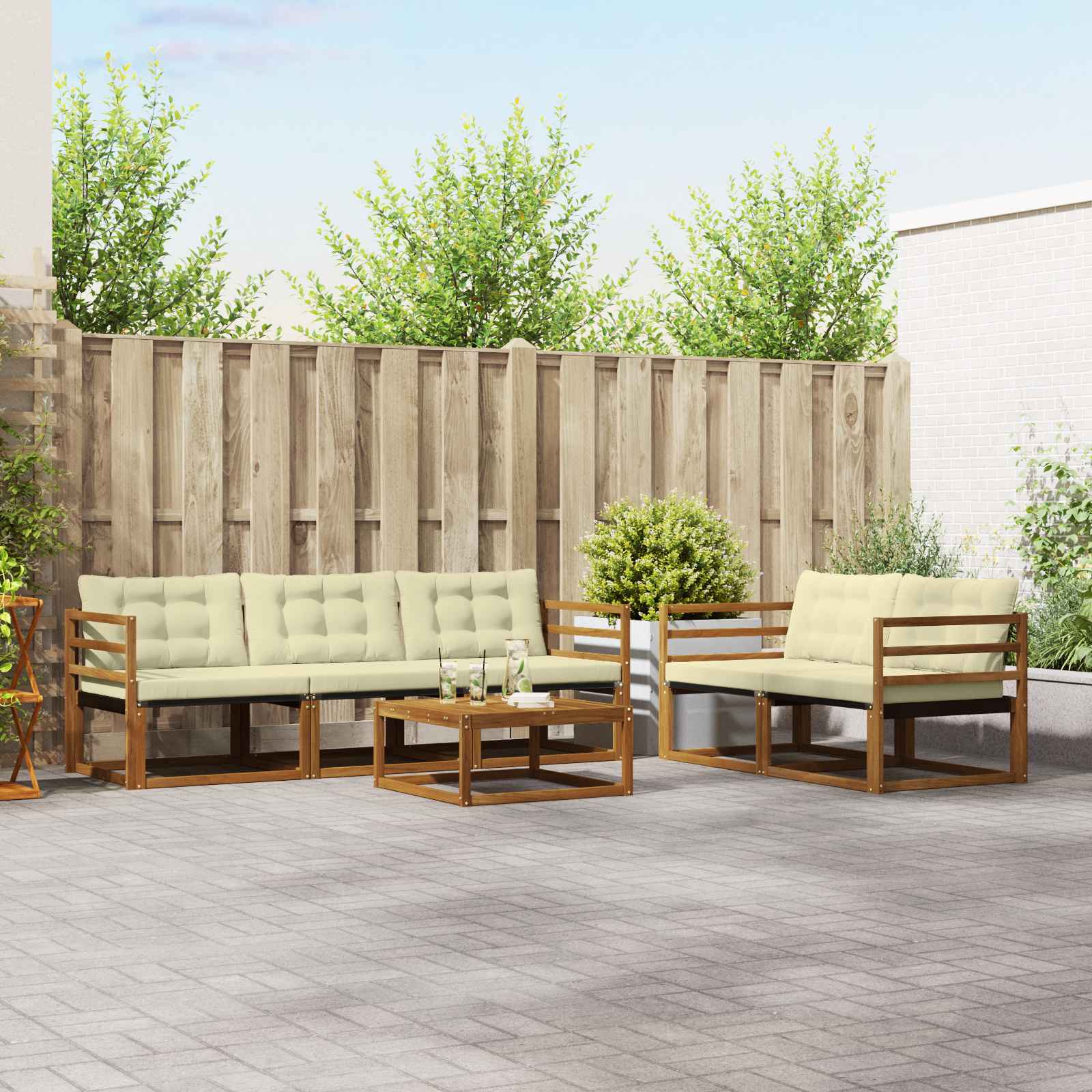 Conjunto de sofás de exterior con cojín 6 pcs Natural y Crema
