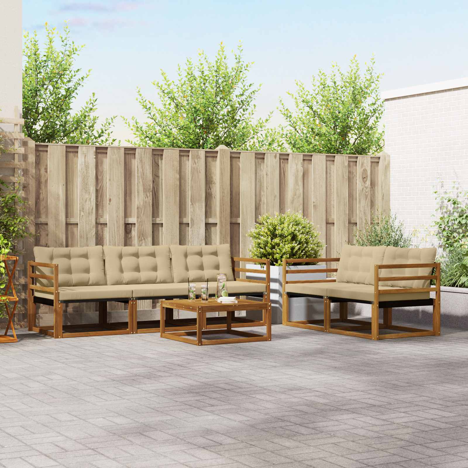 Conjunto de sofás de exterior con cojín 6 pcs Natural y Beige