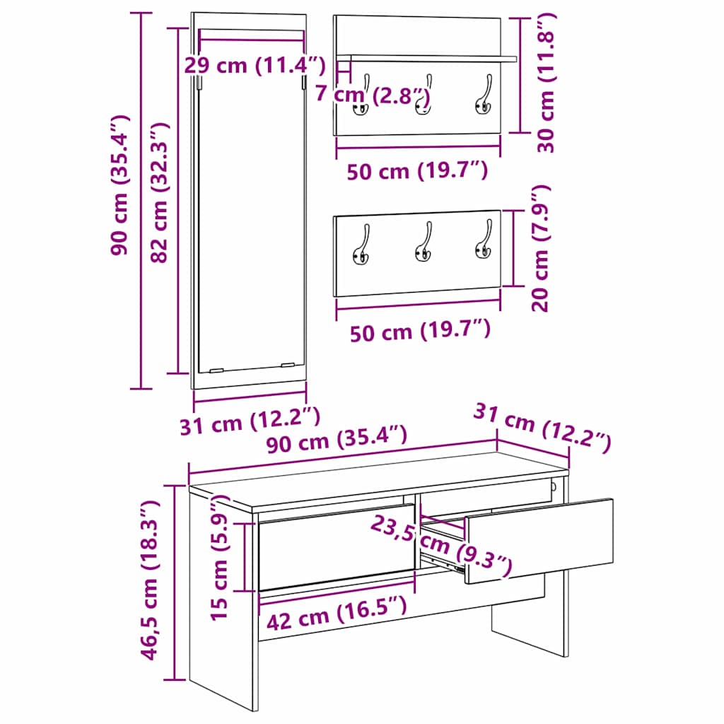 Conjunto de muebles de recibidor 4 pcs Roble Artesanal