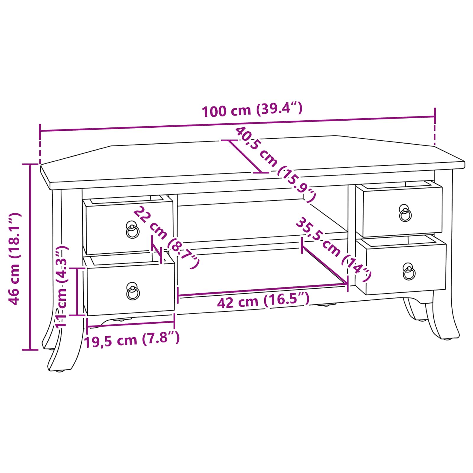 Mueble de TV Natural 100 x 40,5 x 46 cm Madera de Caoba Sólida