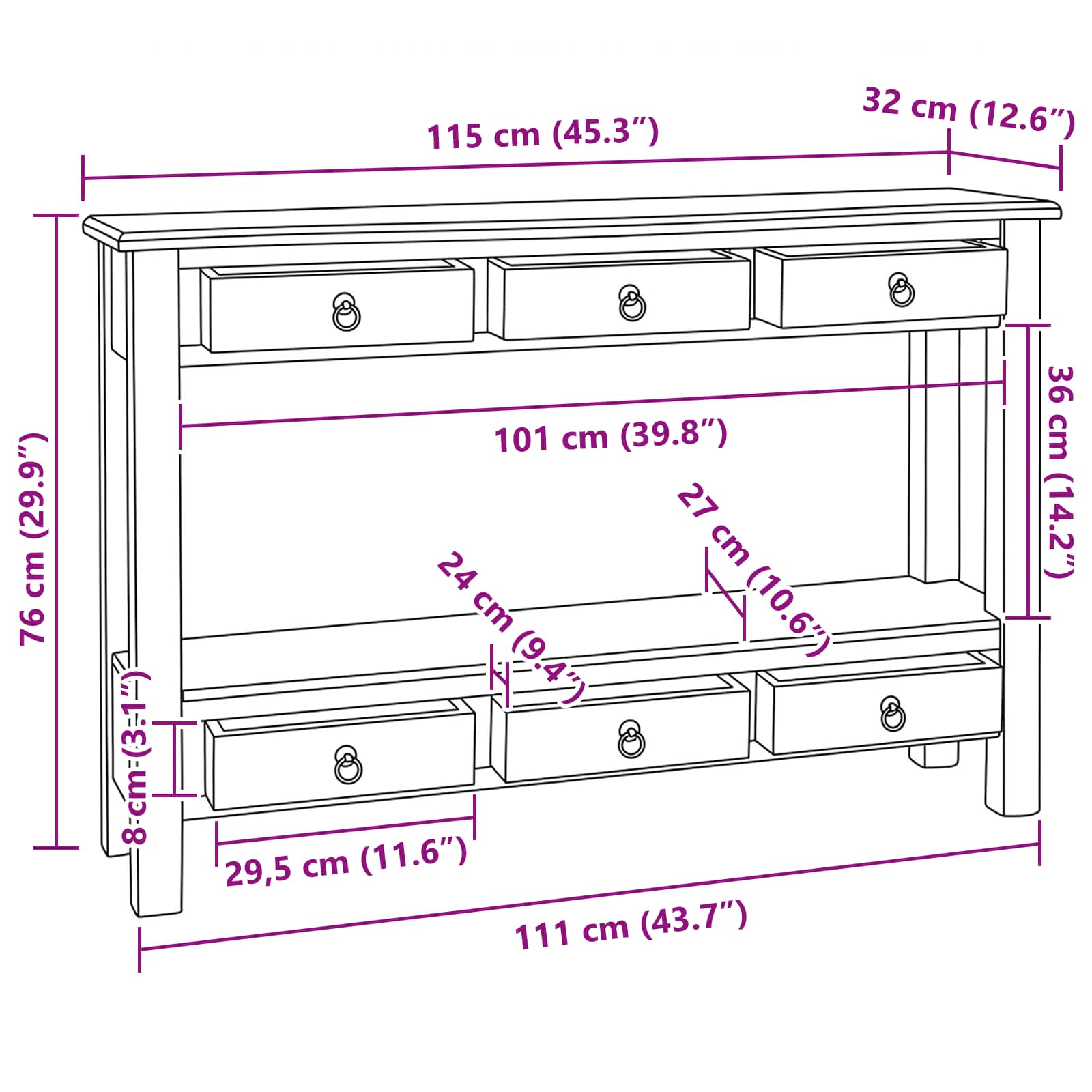 Mesa Consola Natural 115 x 32 x 76 cm Madera de Caoba Sólida