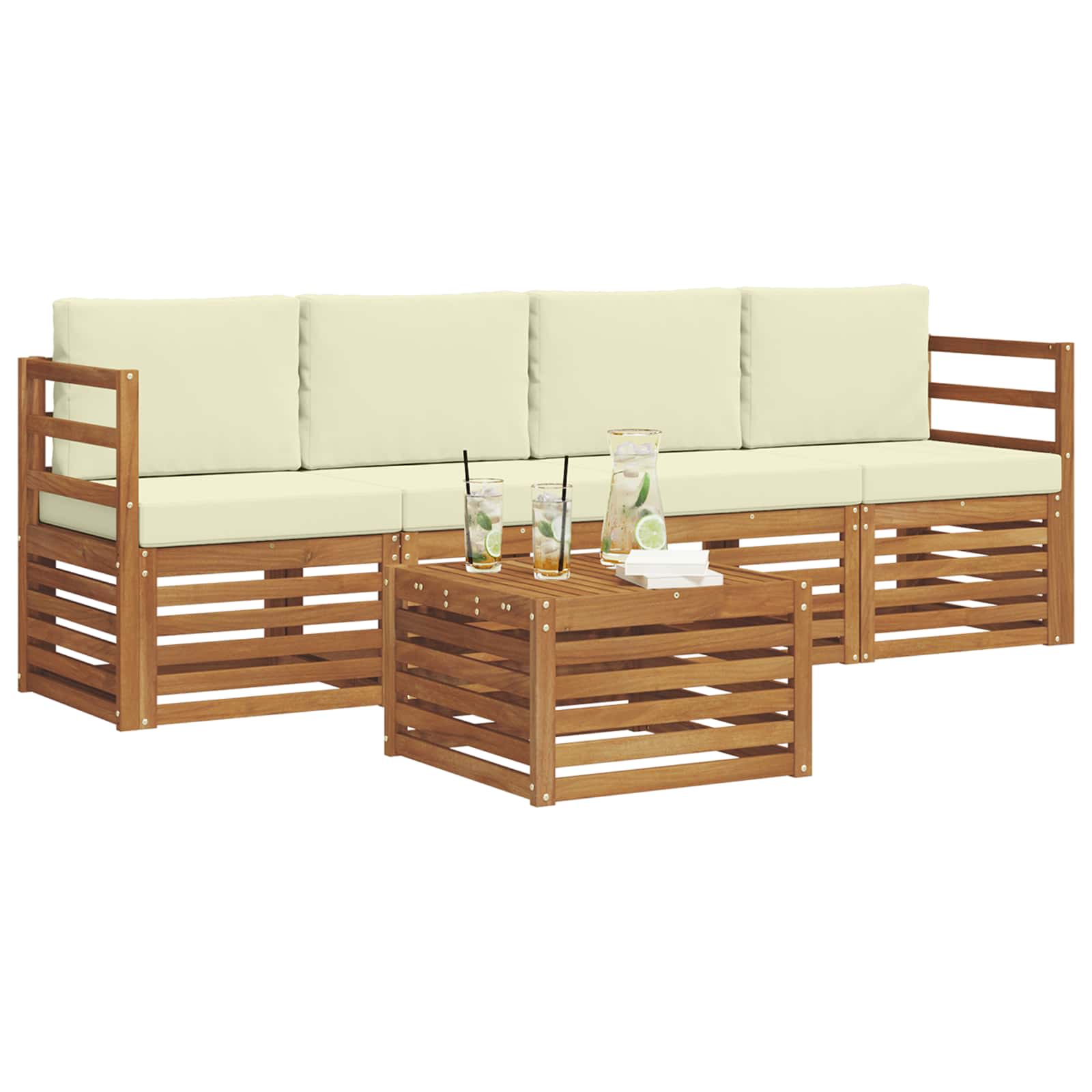 Conjunto de sofás de exterior con cojín 5 pcs Natural y Crema