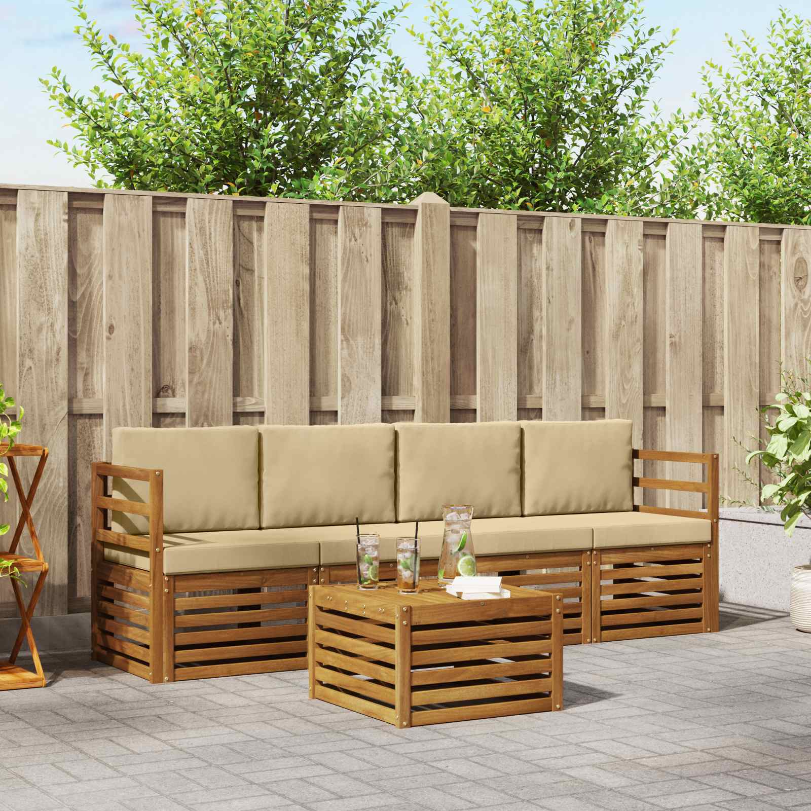 Conjunto de sofás de exterior con cojín 5 pcs Natural y Beige