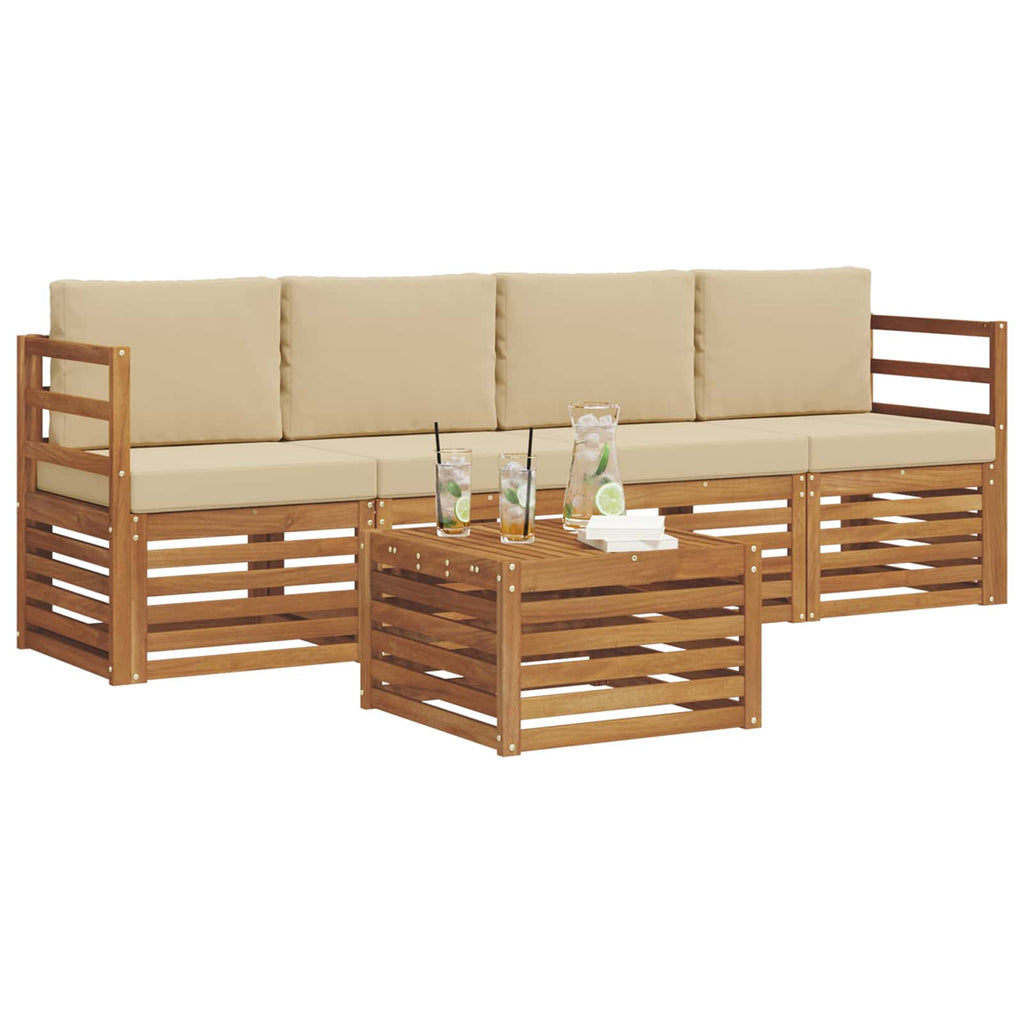 Conjunto de sofás de exterior con cojín 5 pcs Natural y Beige