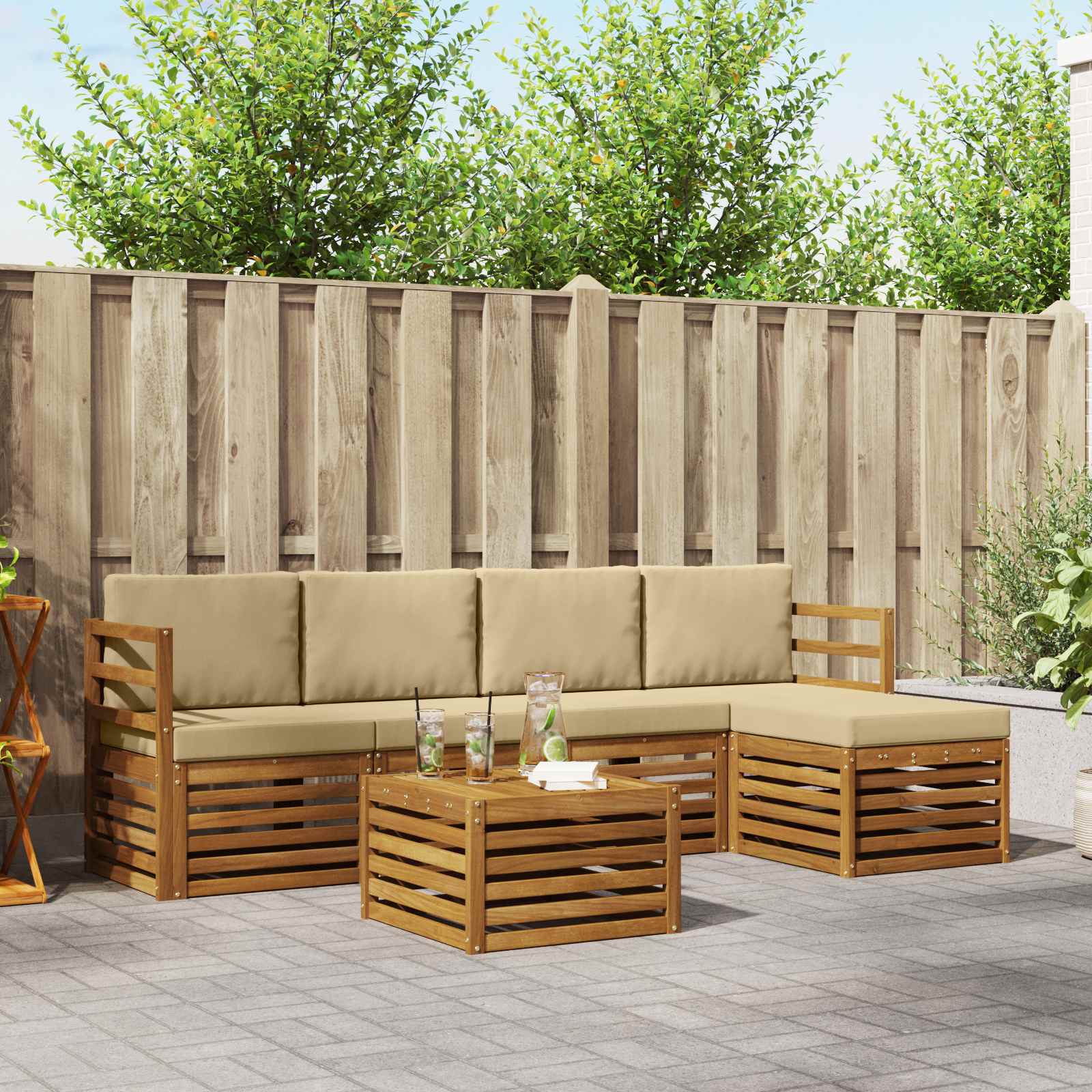 Conjunto de sofás de exterior con cojín 6 pcs Natural y Beige