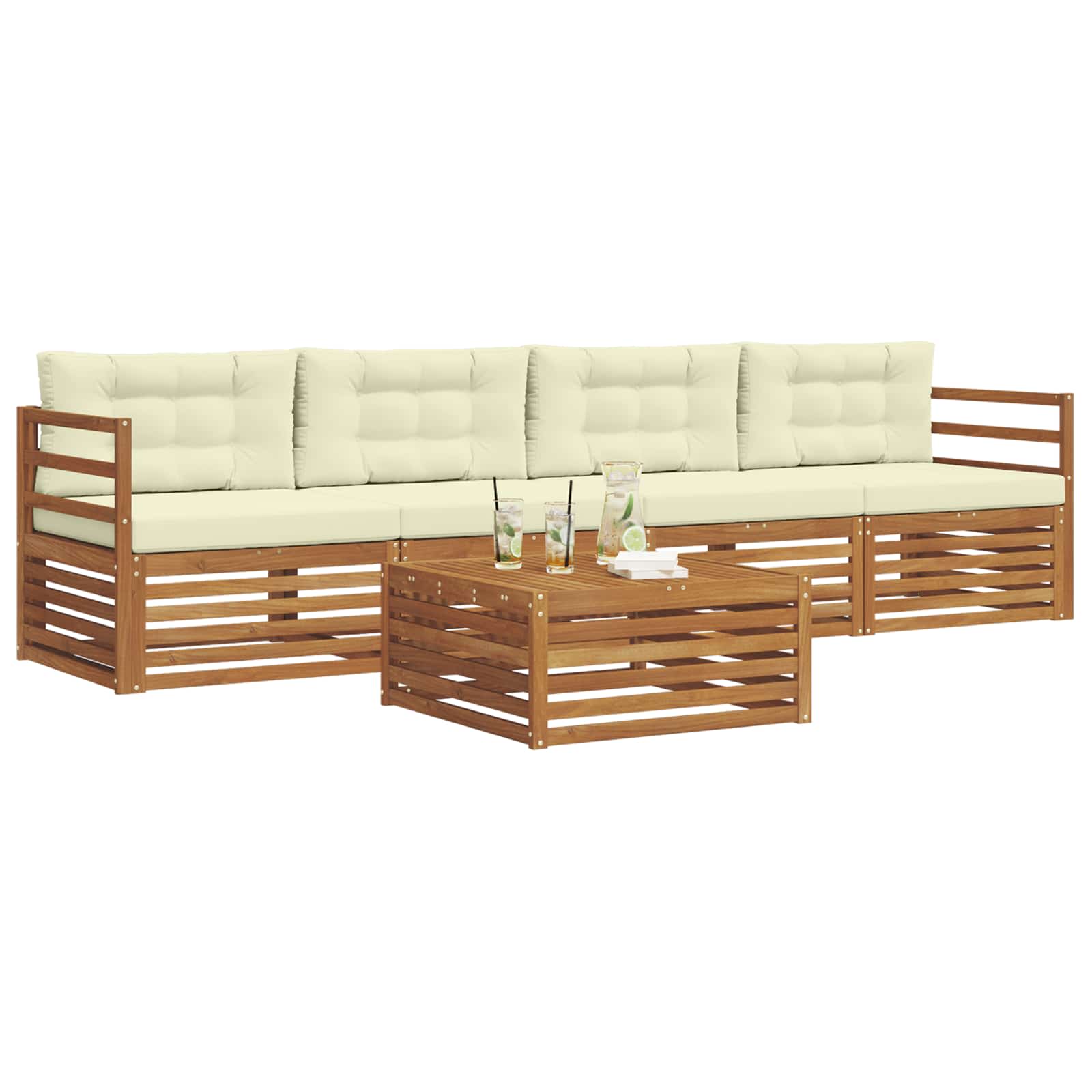 Conjunto de sofás de exterior con cojín 5 pcs Natural y Crema