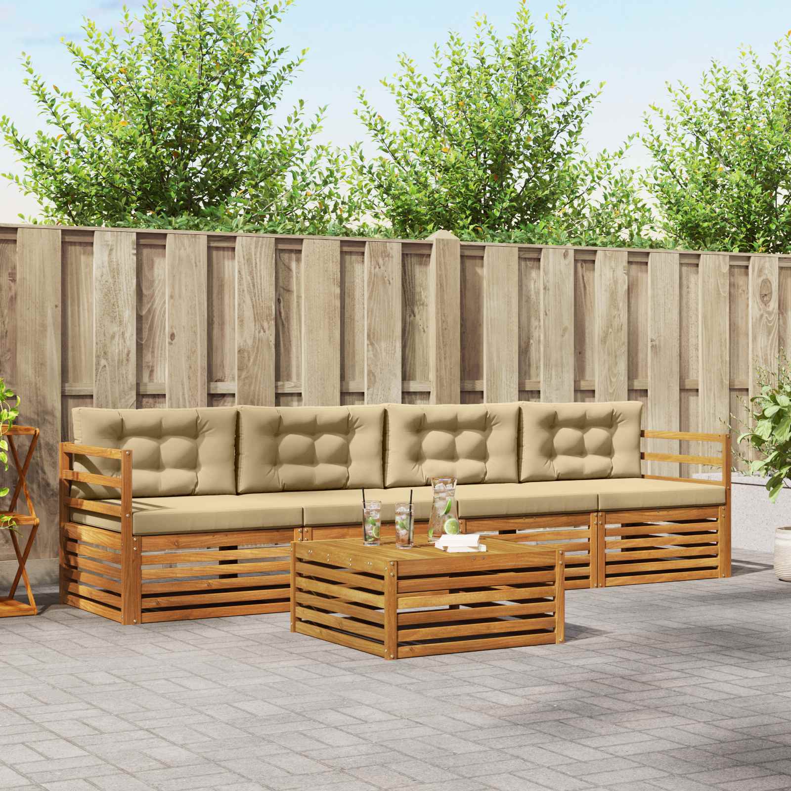 Conjunto de sofás de exterior con cojín 5 pcs Natural y Beige