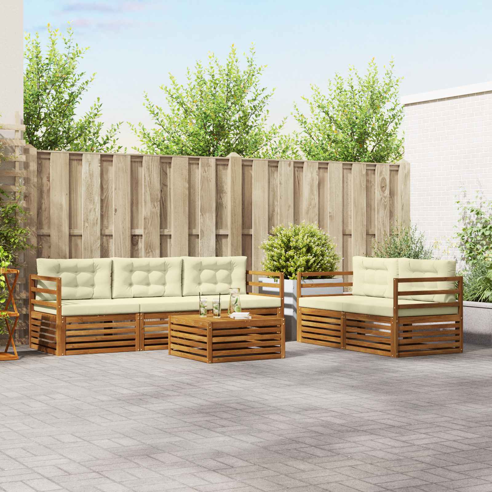 Conjunto de sofás de exterior con cojín 6 pcs Natural y Crema