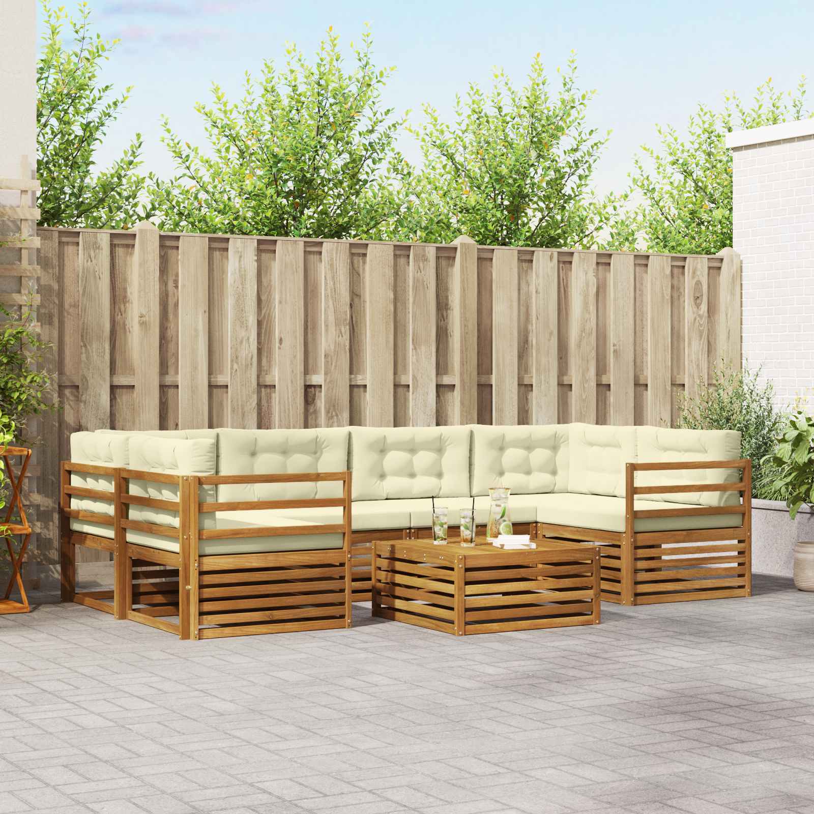 Conjunto de sofás de exterior con cojín 7 pcs Natural y Beige