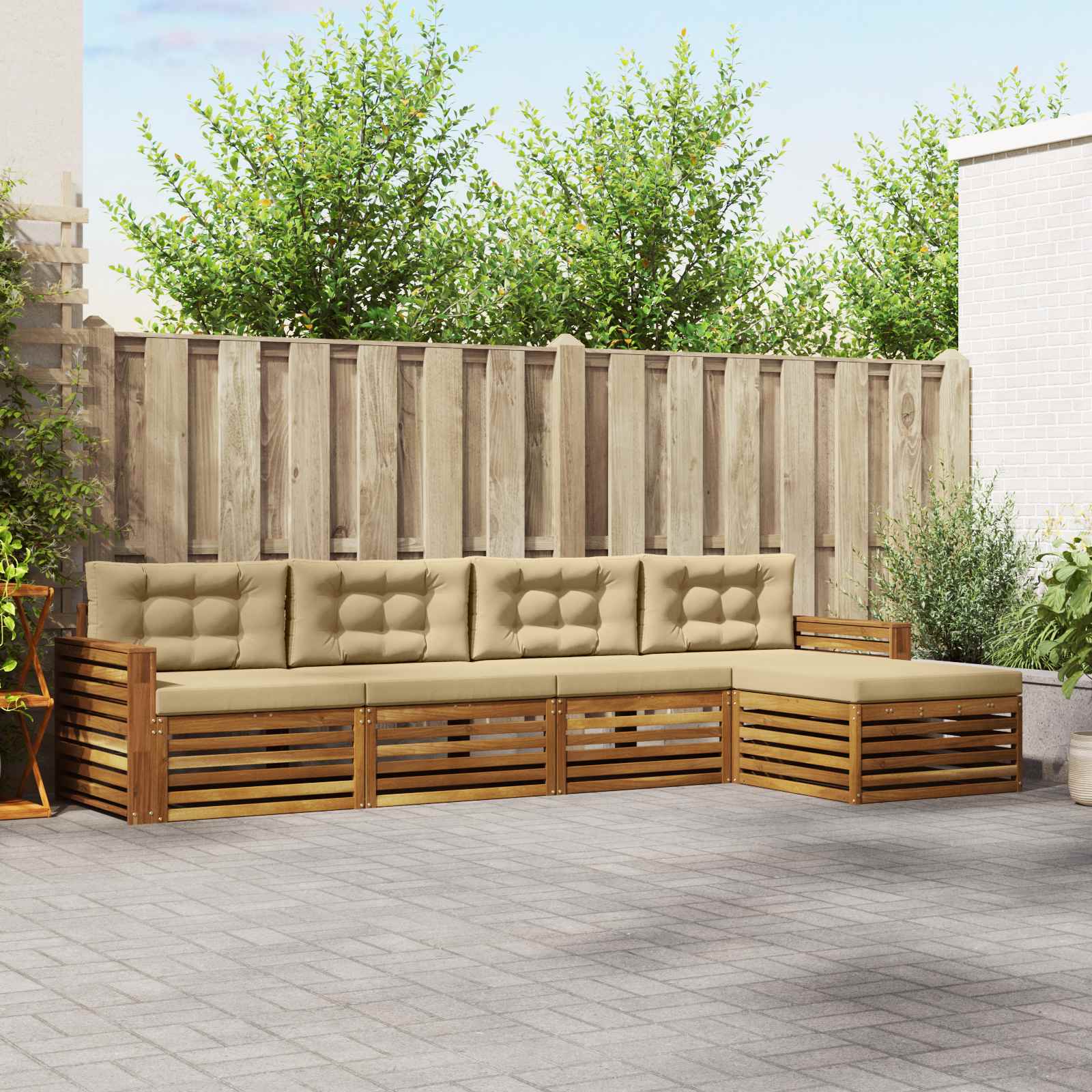 Conjunto de sofás de exterior con cojín 5 pcs Natural y Beige