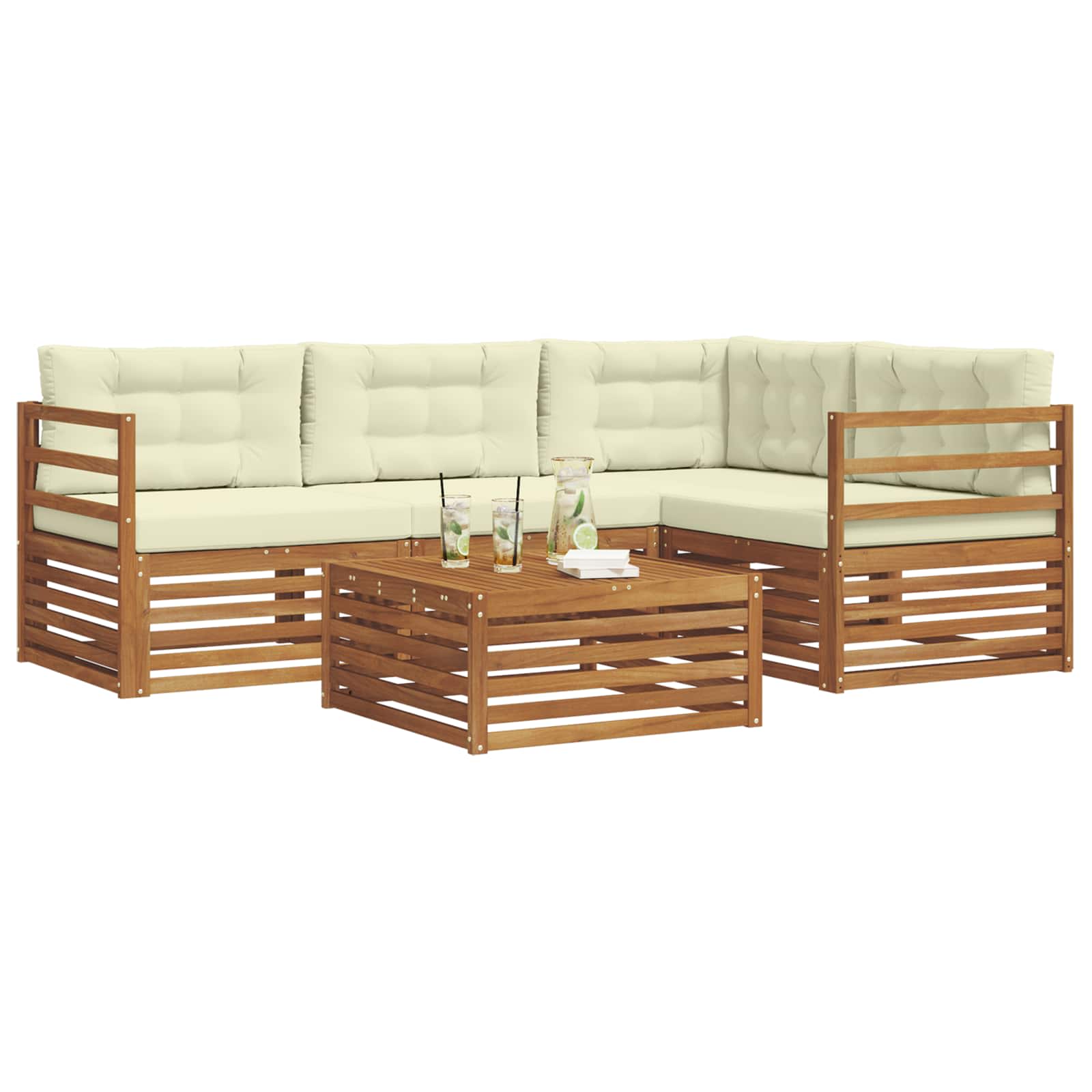 Conjunto de sofás de exterior con cojín 5 pcs Natural y Crema