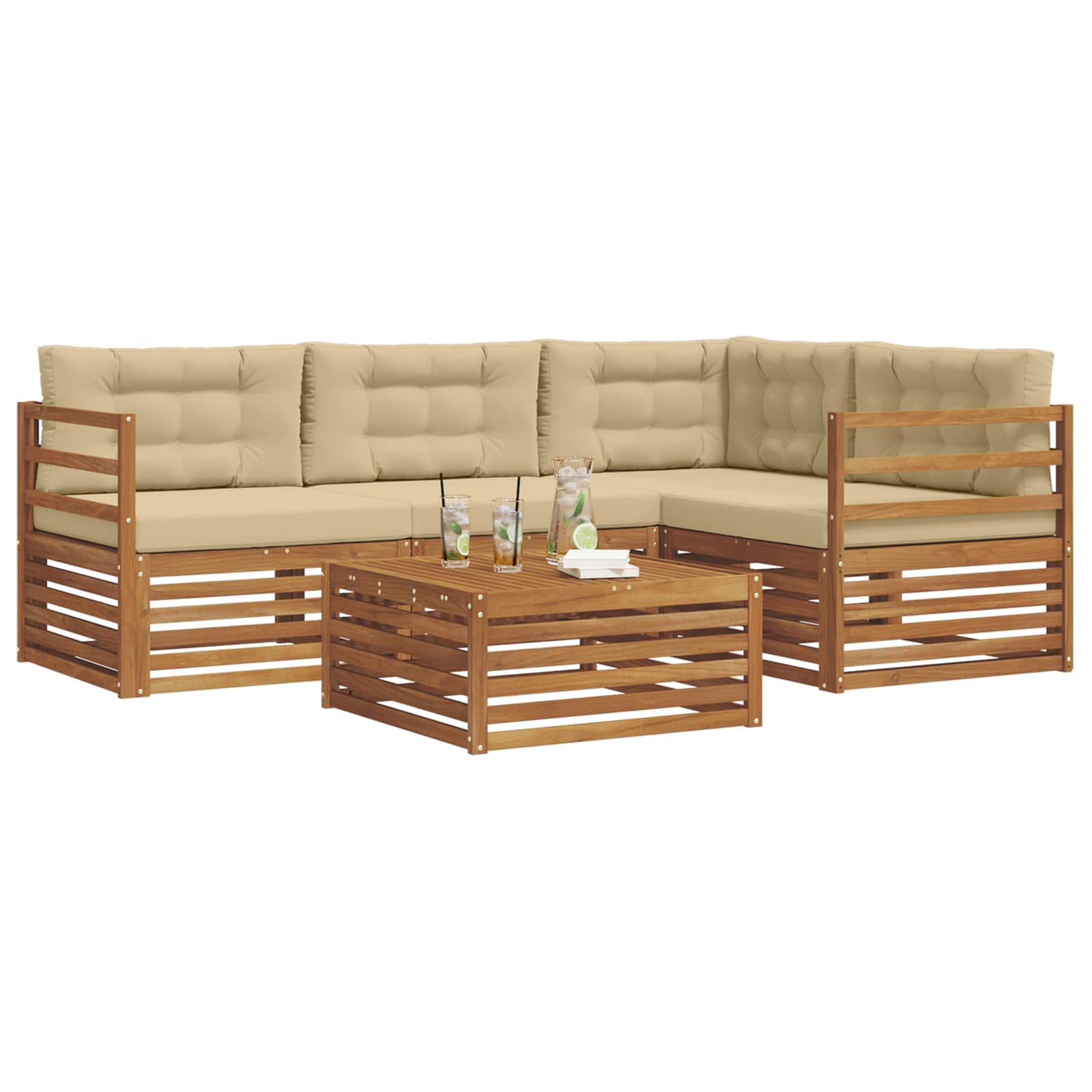 Conjunto de sofás de exterior con cojín 5 pcs Natural y Beige