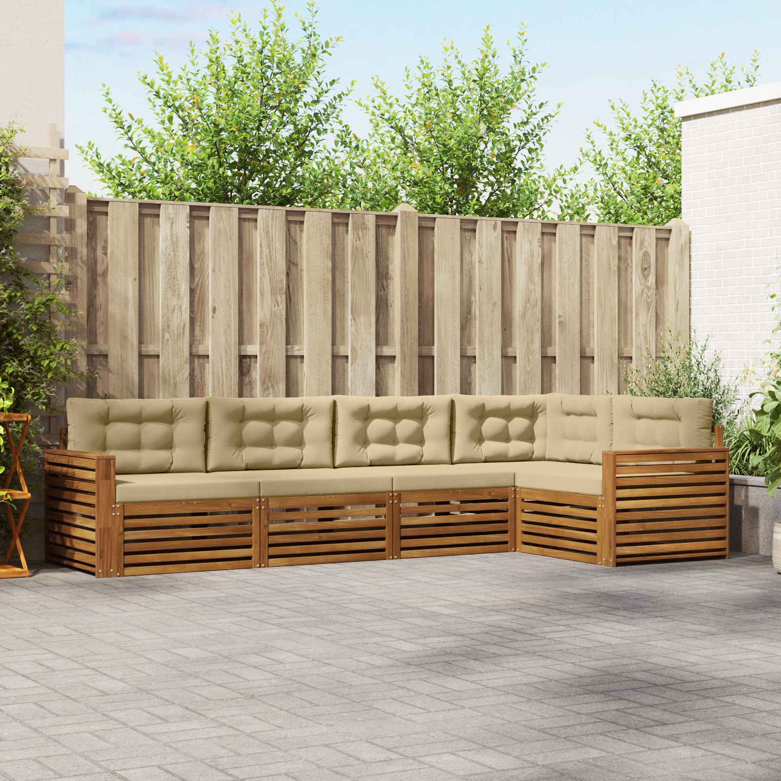 Conjunto de sofás de exterior con cojín 5 pcs Natural y Beige