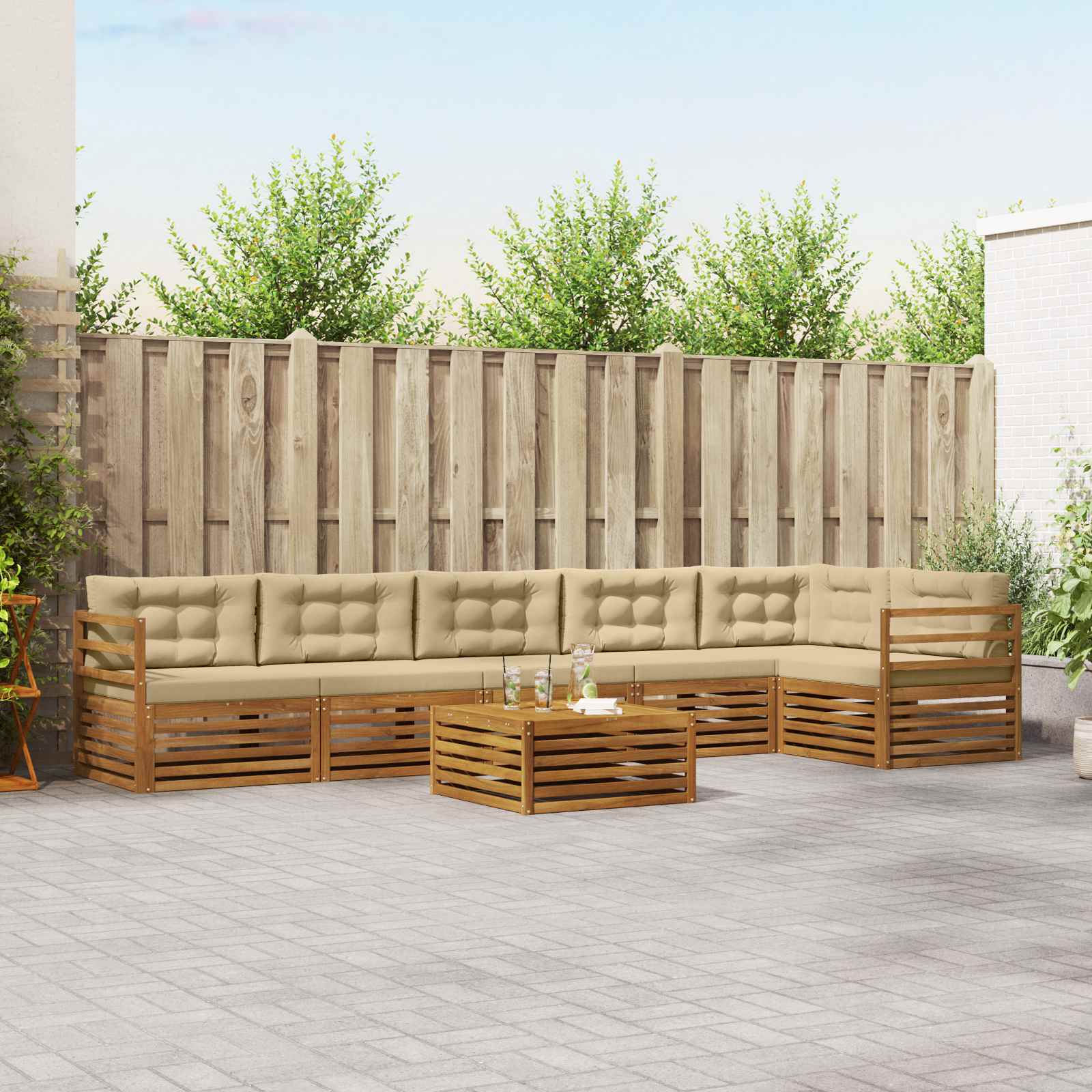 Conjunto de sofás de exterior con cojín 7 pcs Natural y Beige