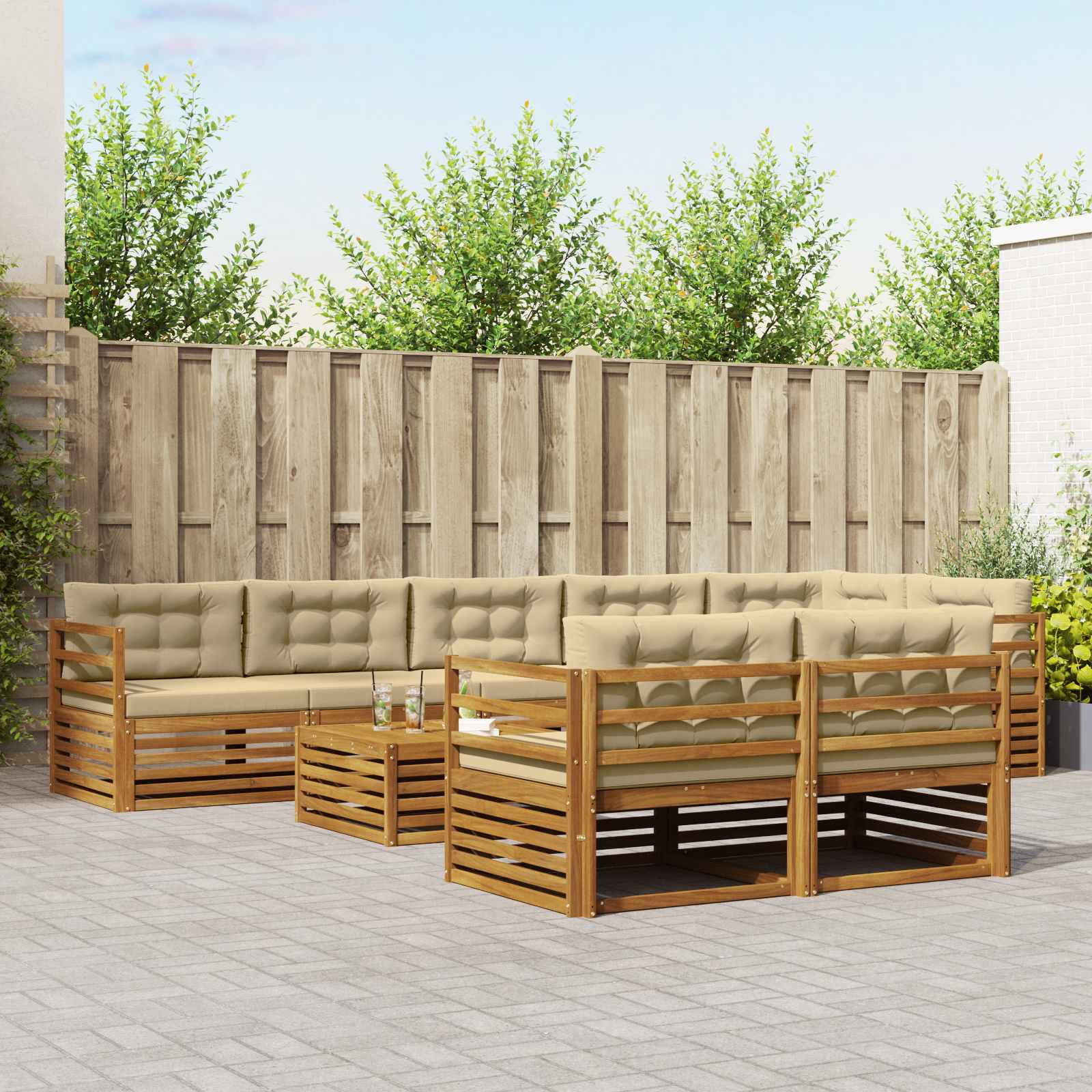 Conjunto de sofás de exterior con cojín 9 pcs Natural y Beige