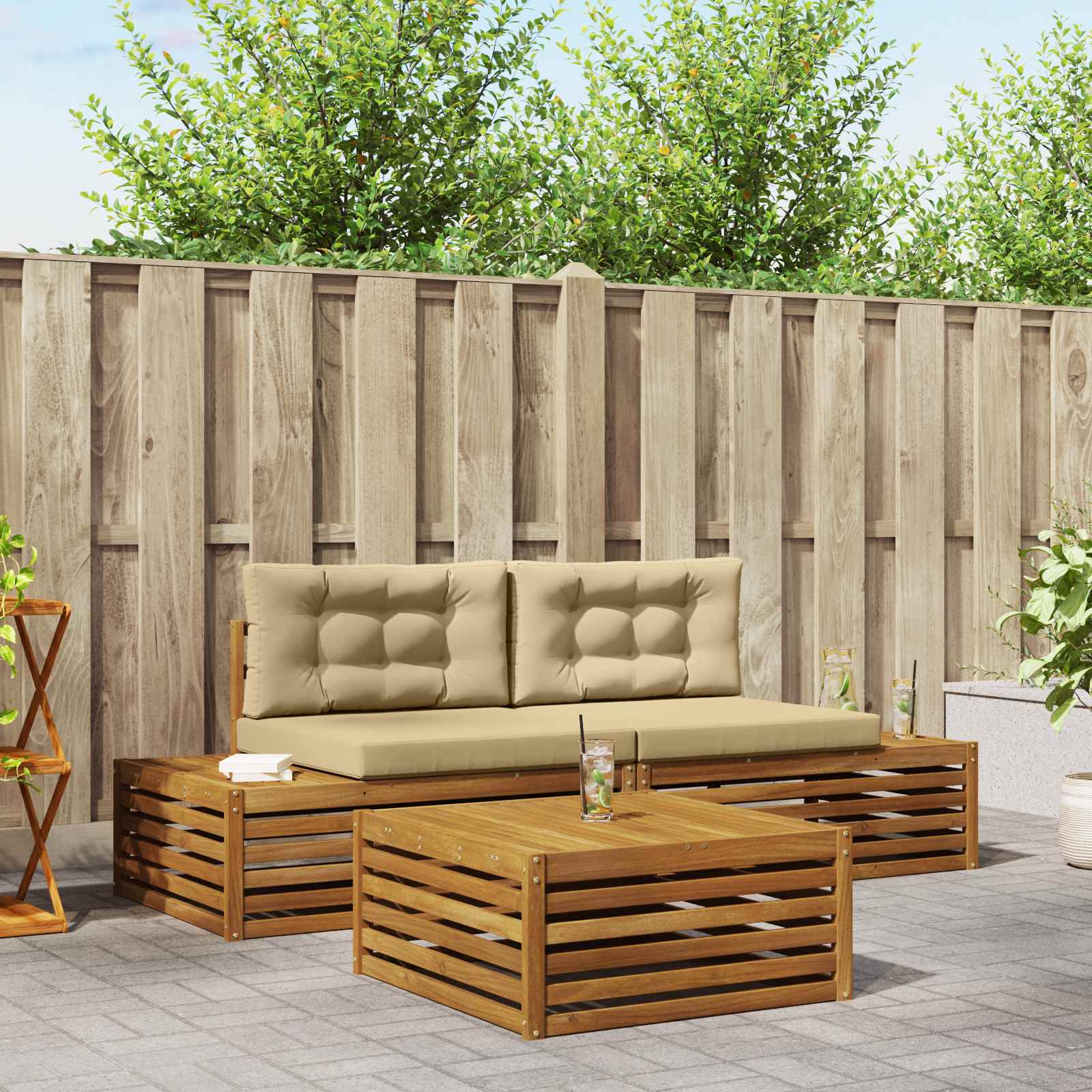 Conjunto de sofás de exterior con cojín 3 Pieza Natural y Beige