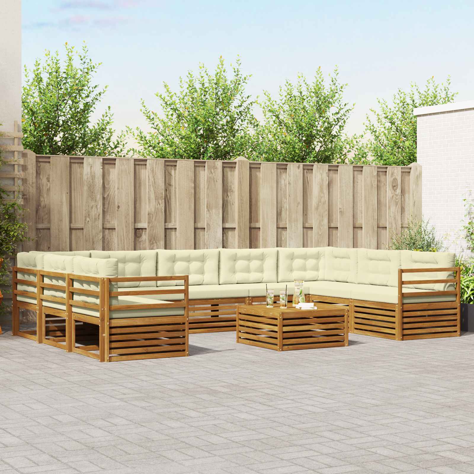 Conjunto de sofás de exterior con cojín 10 pcs Blanco y Crema