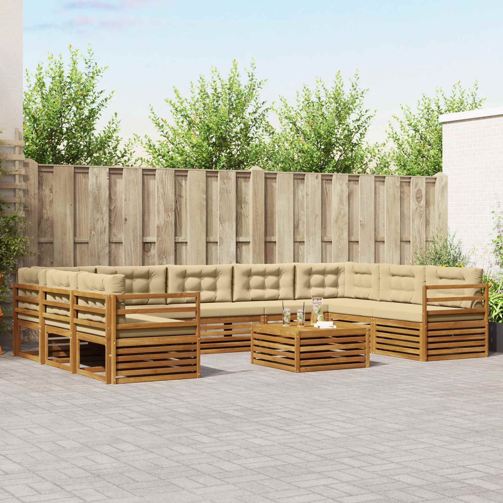 Conjunto de sofás de exterior con cojín 10 pcs Blanco y Crema