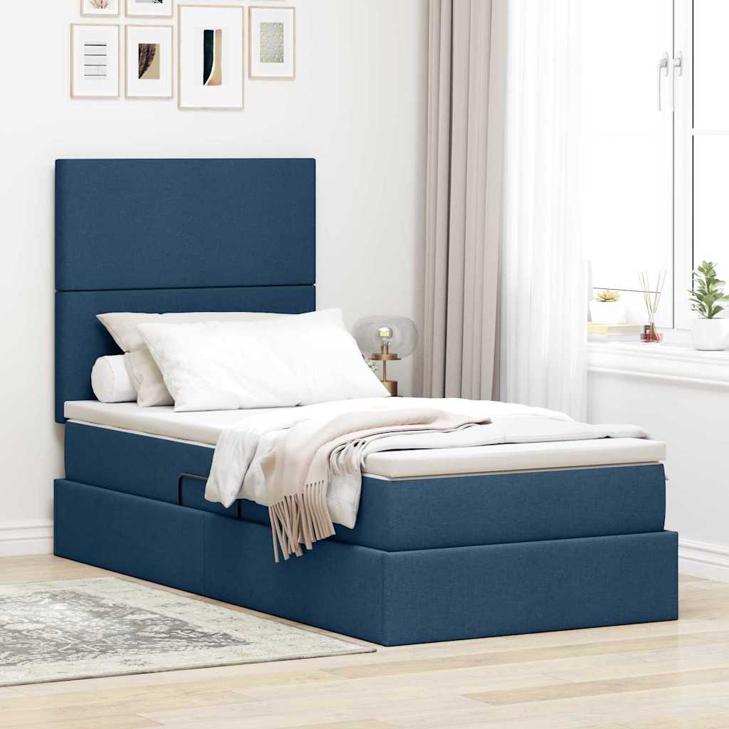 LED Storage Bed with Mattress Blue 100 x 200 cm Fabric