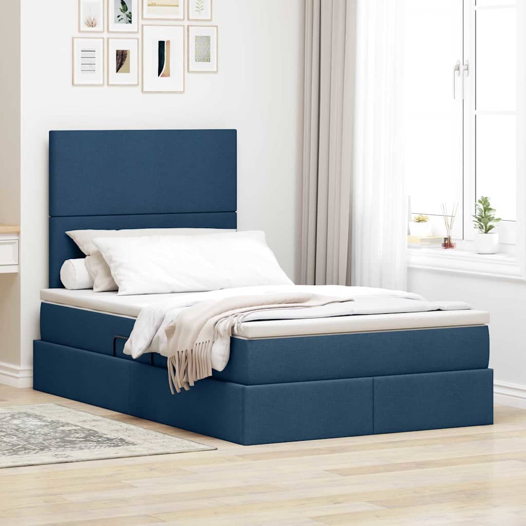 LED Storage Bed with Mattress Blue 100 x 200 cm Fabric