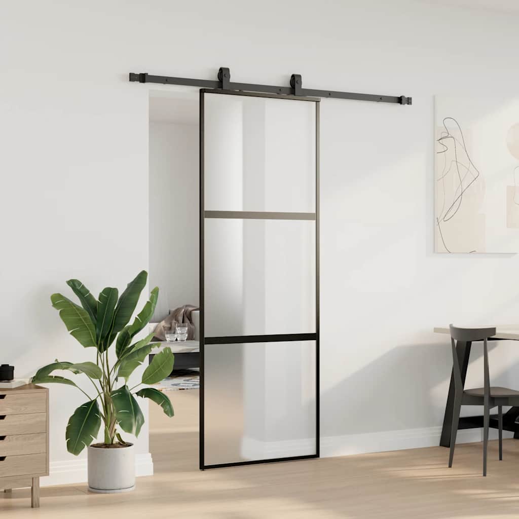Puerta corredera con herrajes negro 76x205 cm vidrio templado