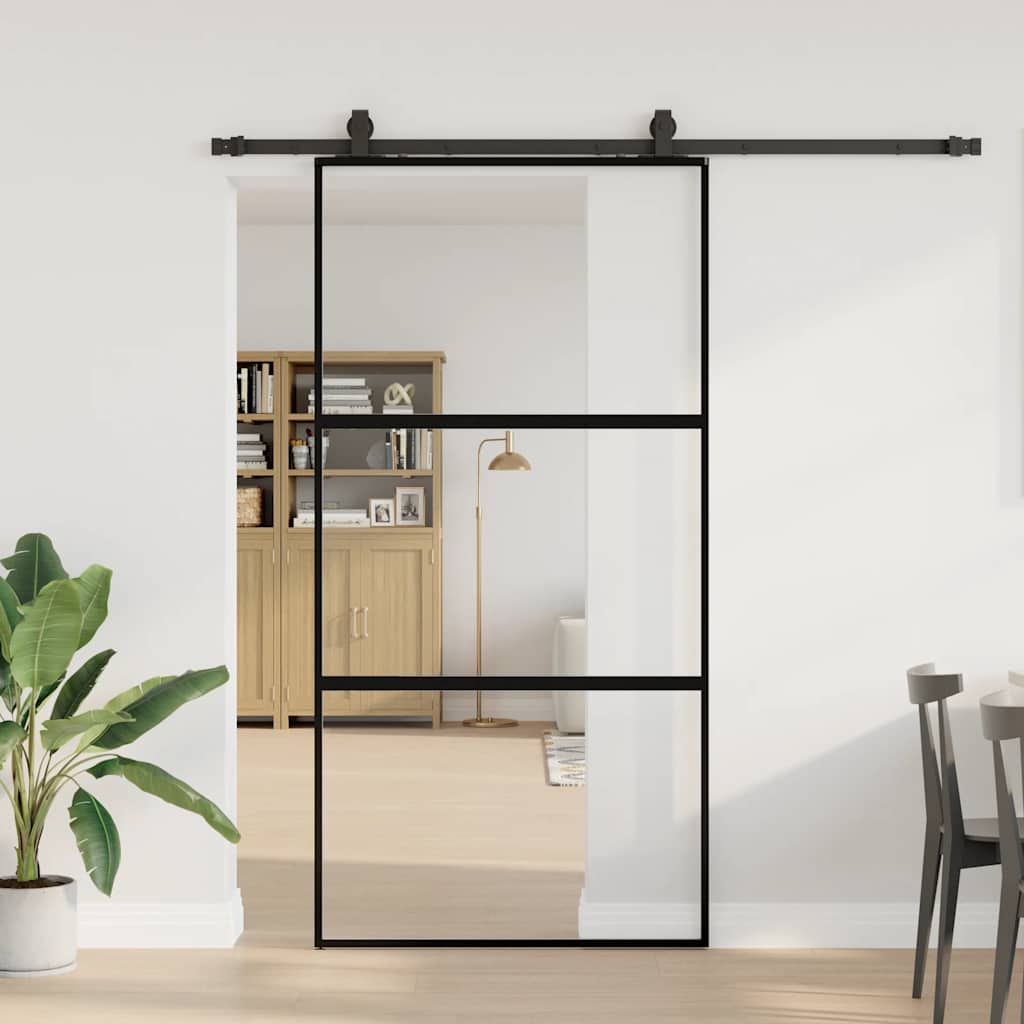 Puerta corredera con herrajes negro 76x205 cm vidrio templado