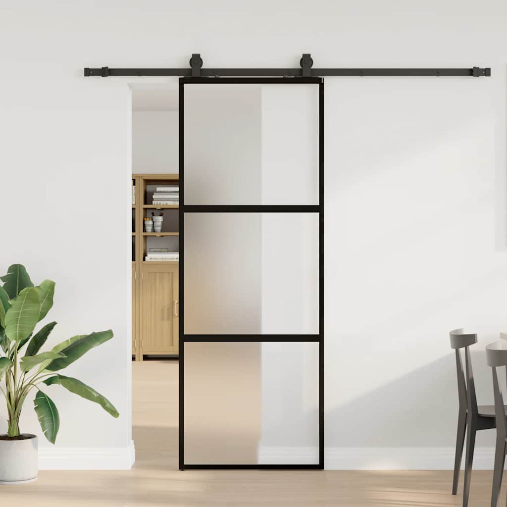 Puerta corredera con herrajes negro 76x205 cm vidrio templado