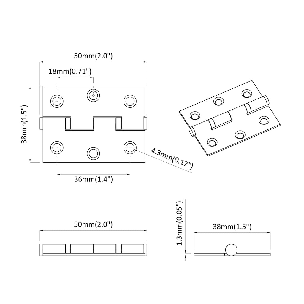 Bisagra 2 pcs Plateado 50 x 38 x 1,3 mm Acero