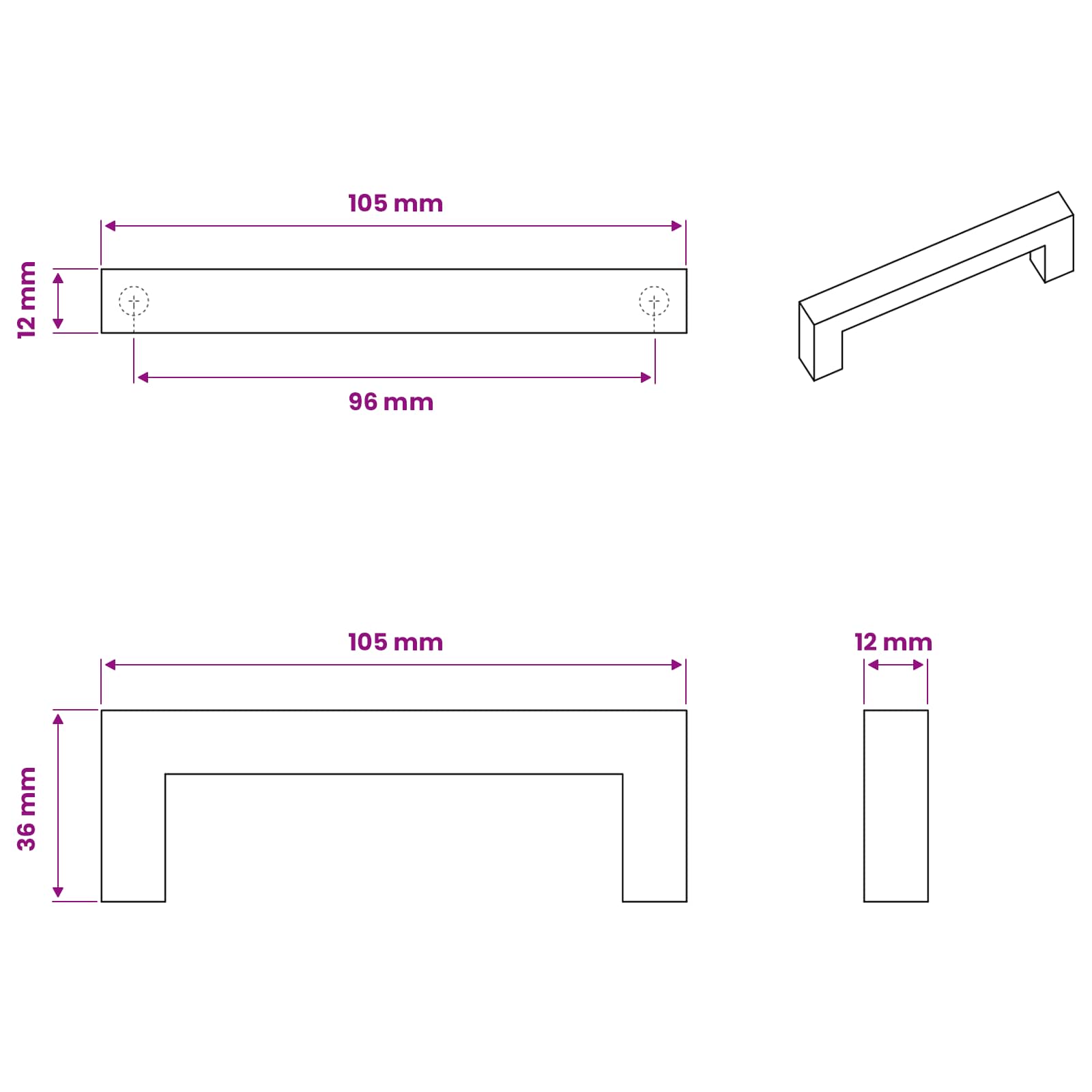 Manija de muebles 530 pcs Negro 105 x 12 x 36 mm Hierro