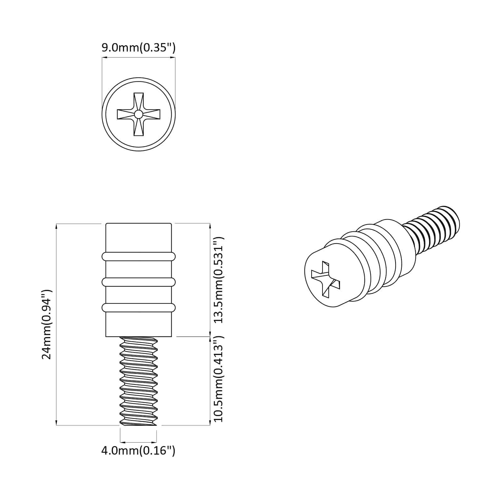 Tornillo Separador 12 pcs Negro M4 Caucho y Acero
