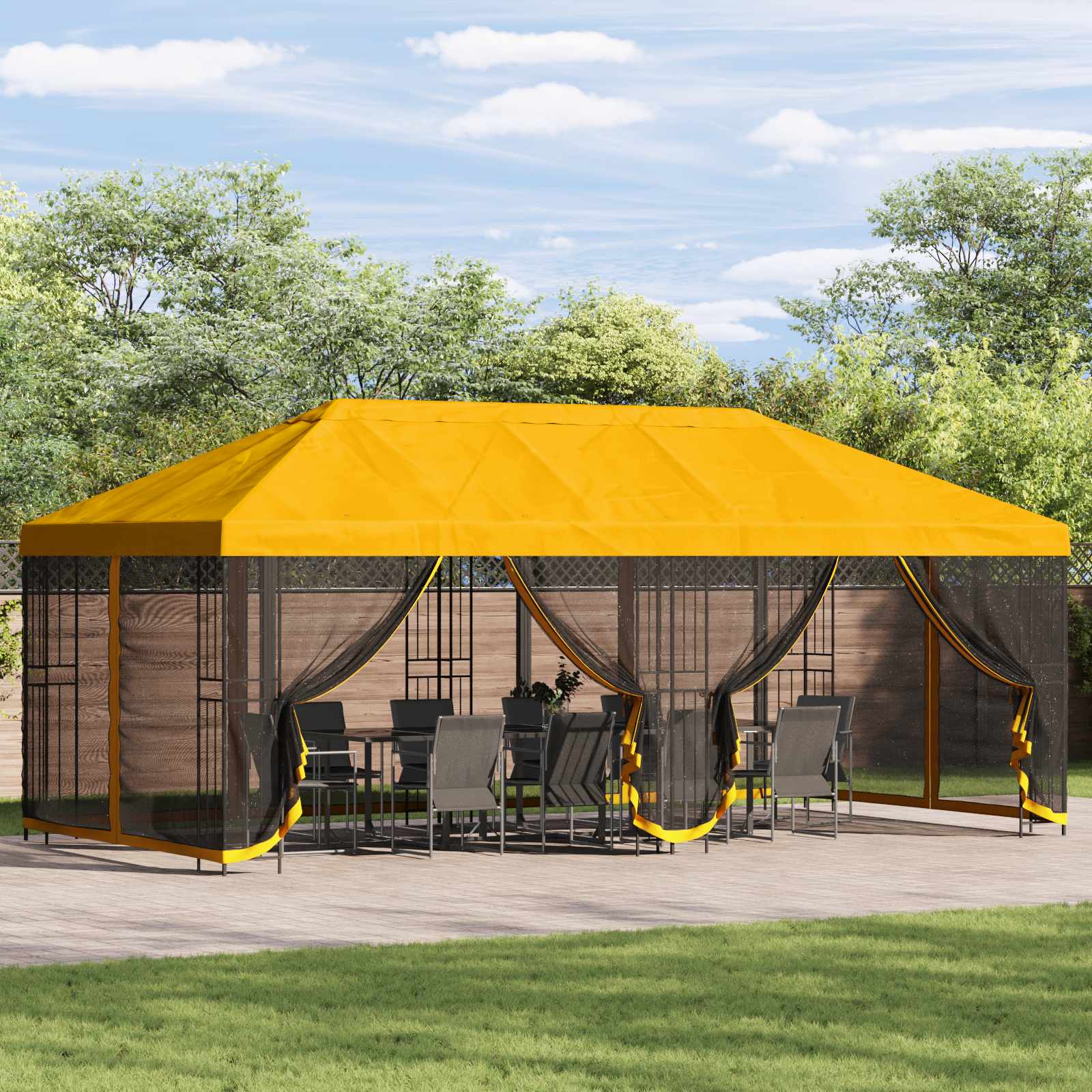 Gazebo con paredes laterales 6 x 3 m Amarillo Poliéster y Acero