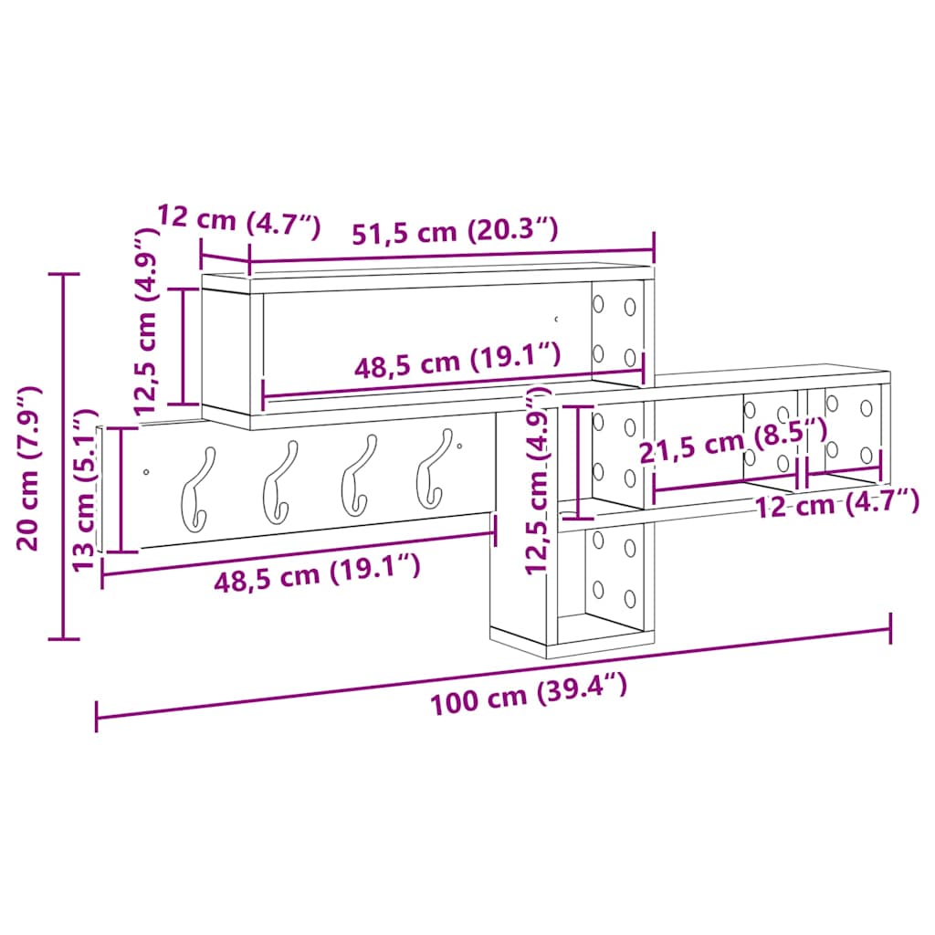 Perchero de pared 100 x 12 x 43,5 cm Madera de ingeniería