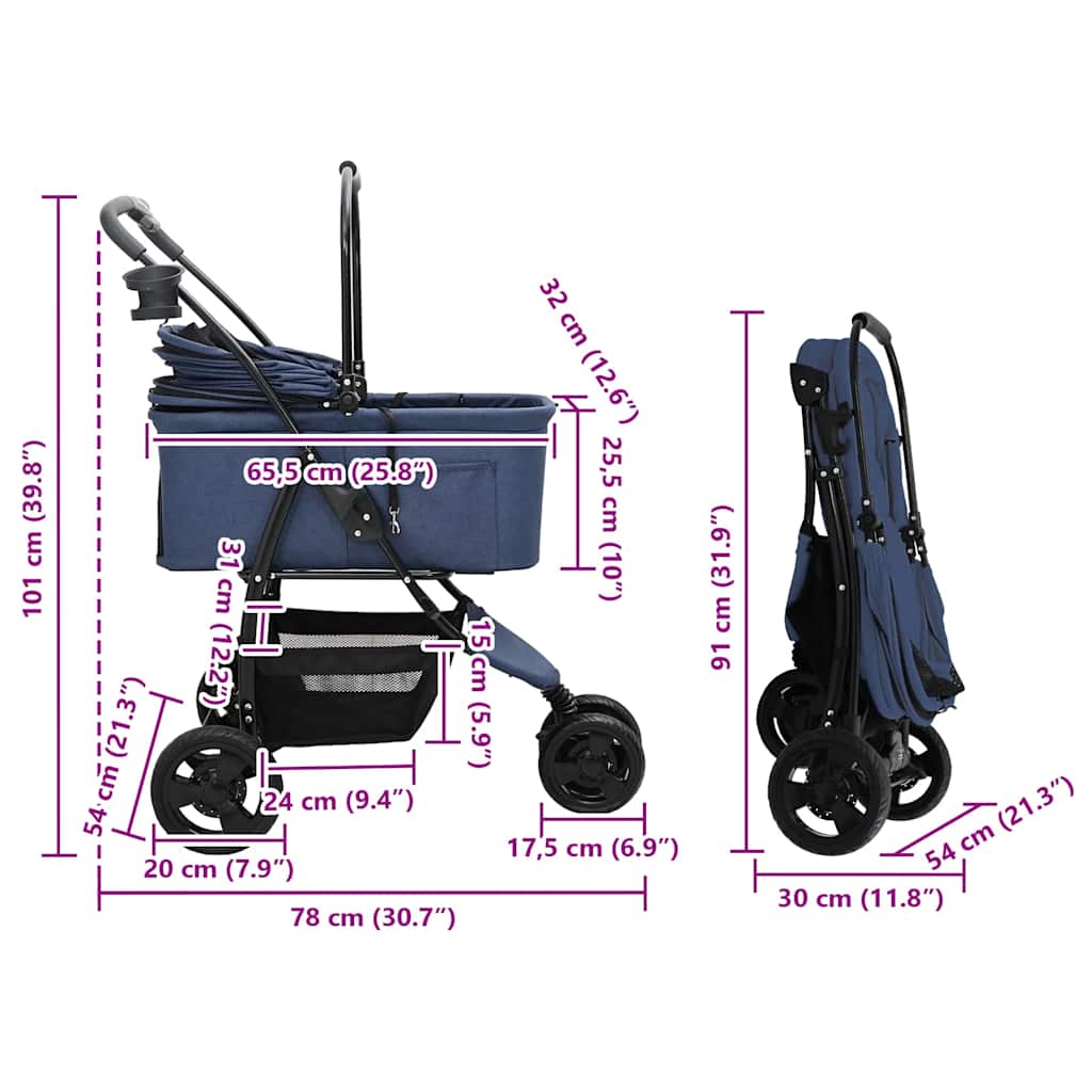 Carrito Plegable para Mascotas Azul 78 x 54 x 101 cm Poliéster