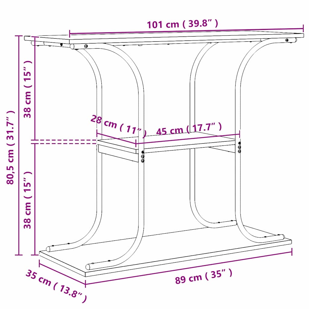 Mesa Consola con estante Gris Sonoma 101 x 35 x 80,5 cm