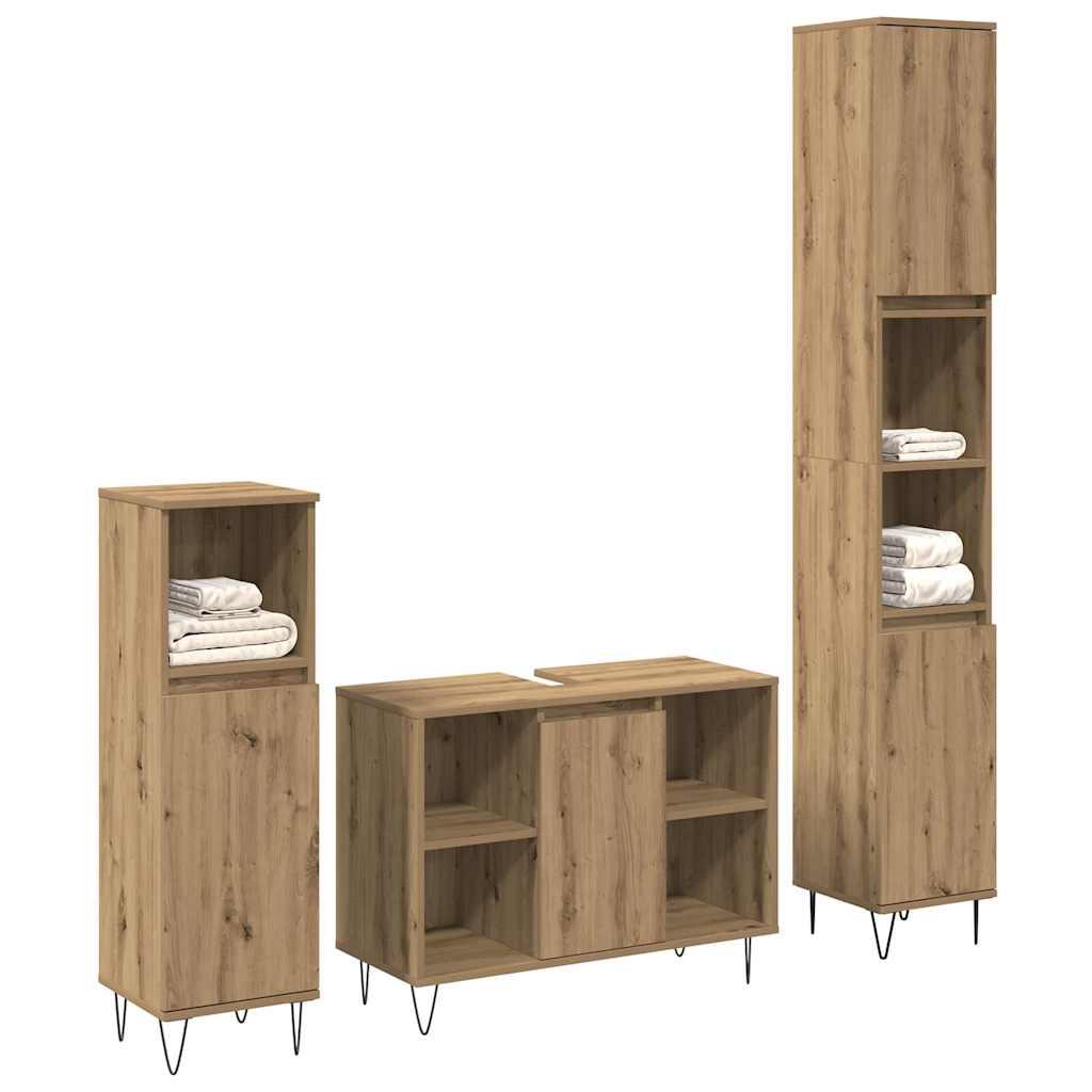 Juego de muebles de baño con estante 3 pcs Roble artesanal