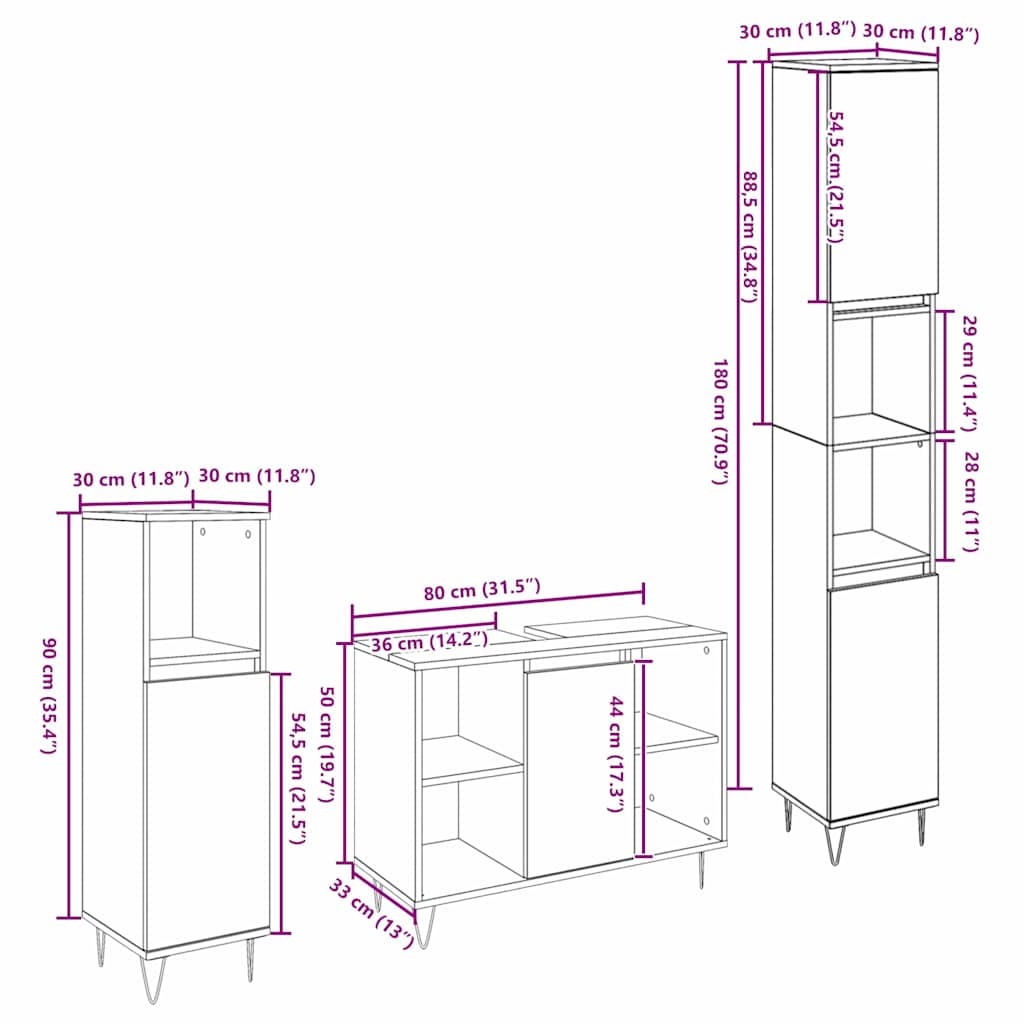 Juego de muebles de baño con estante 3 pcs Roble artesanal