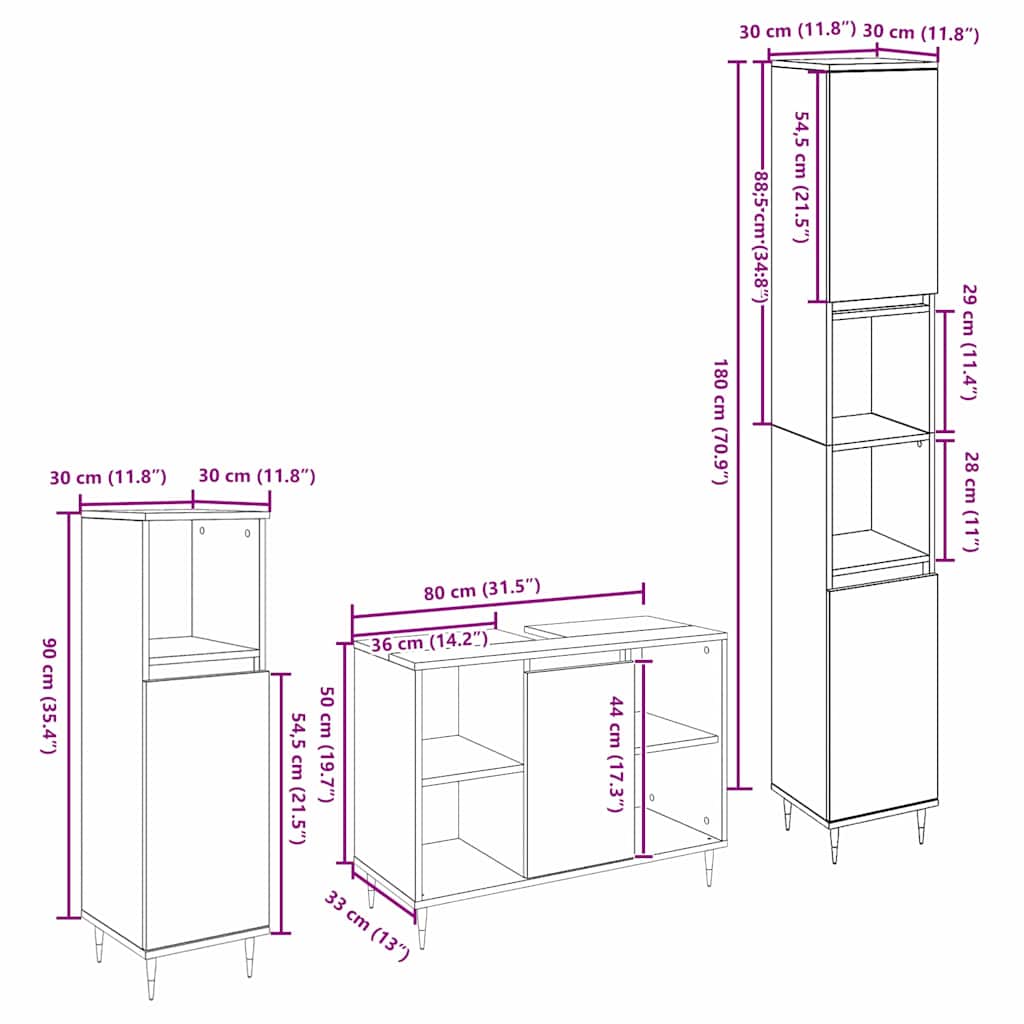 Juego de muebles de baño 3 pcs Roble Negro Madera contrachapada