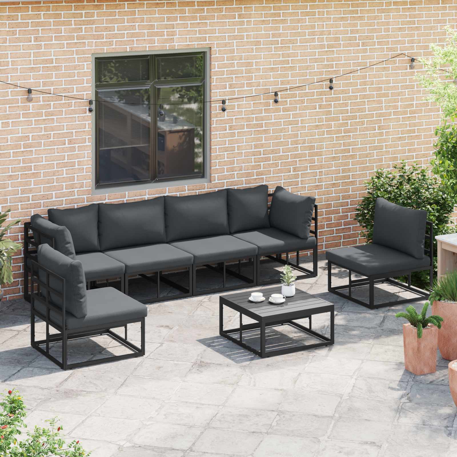 Conjunto de sofás de jardín con cojín 7 pcs Negro Aluminio