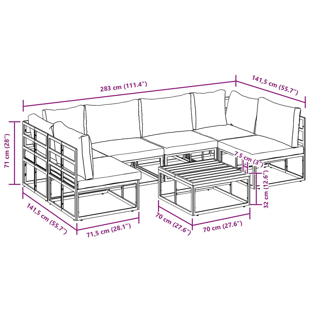 Conjunto de sofás de jardín con cojín 7 pcs Negro Aluminio