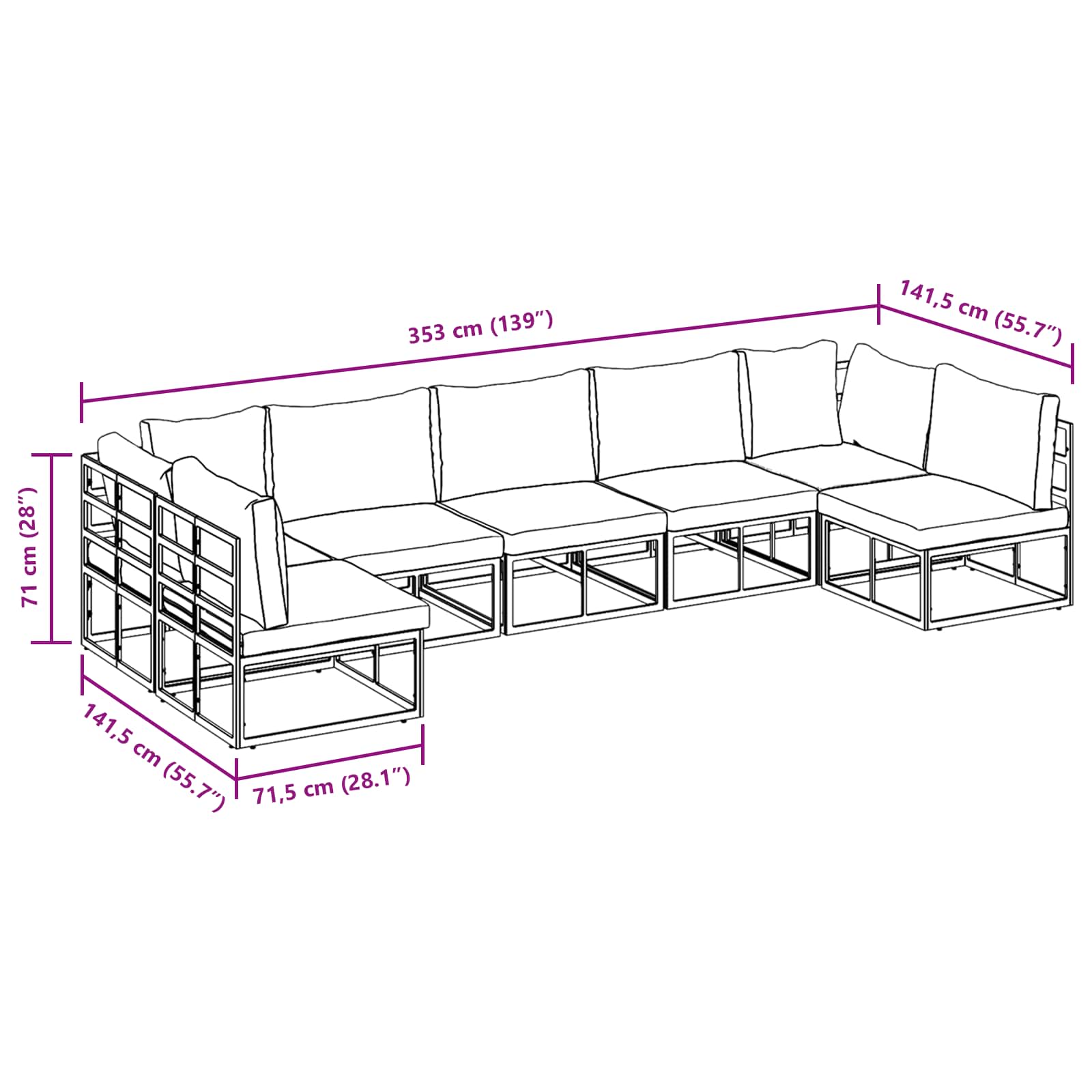 Conjunto de sofás de jardín con cojín 7 pcs Negro Aluminio