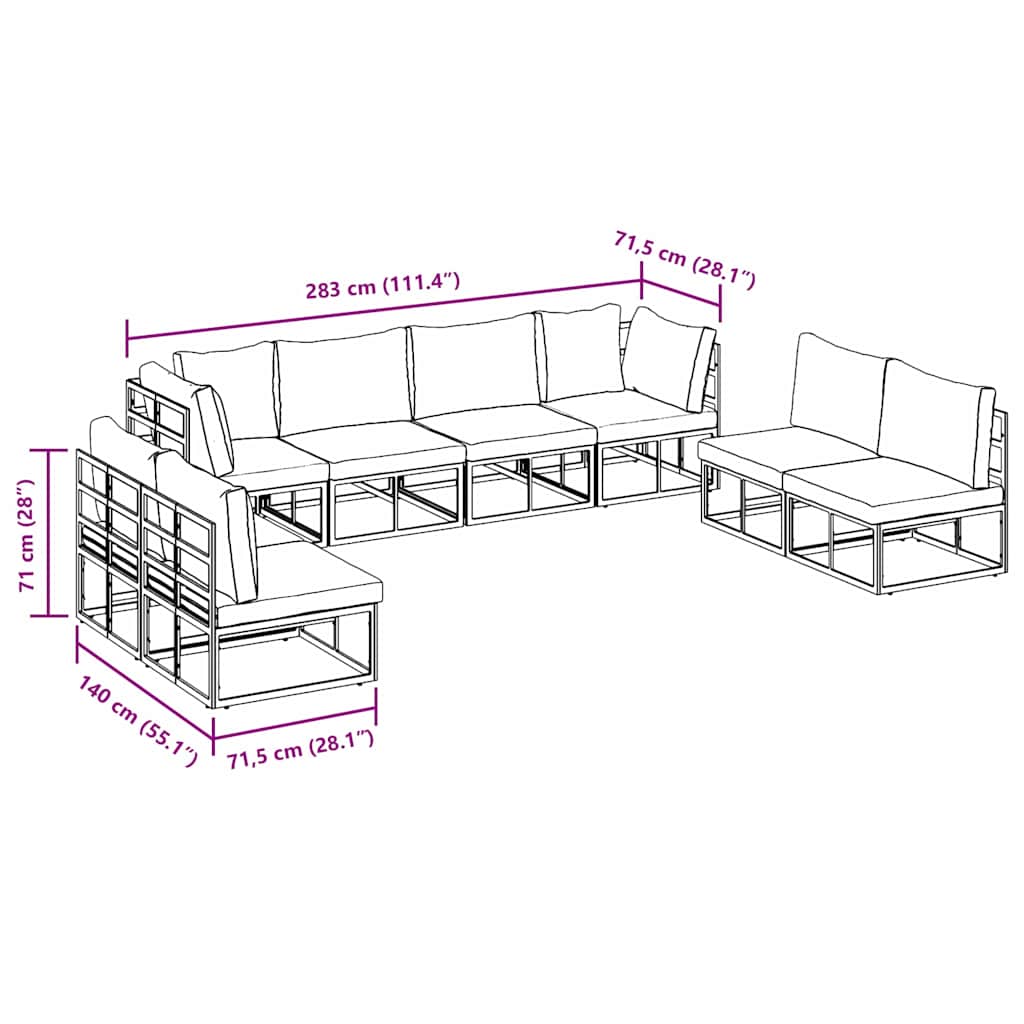 Conjunto de sofás de jardín con cojín 8 pcs Negro Aluminio