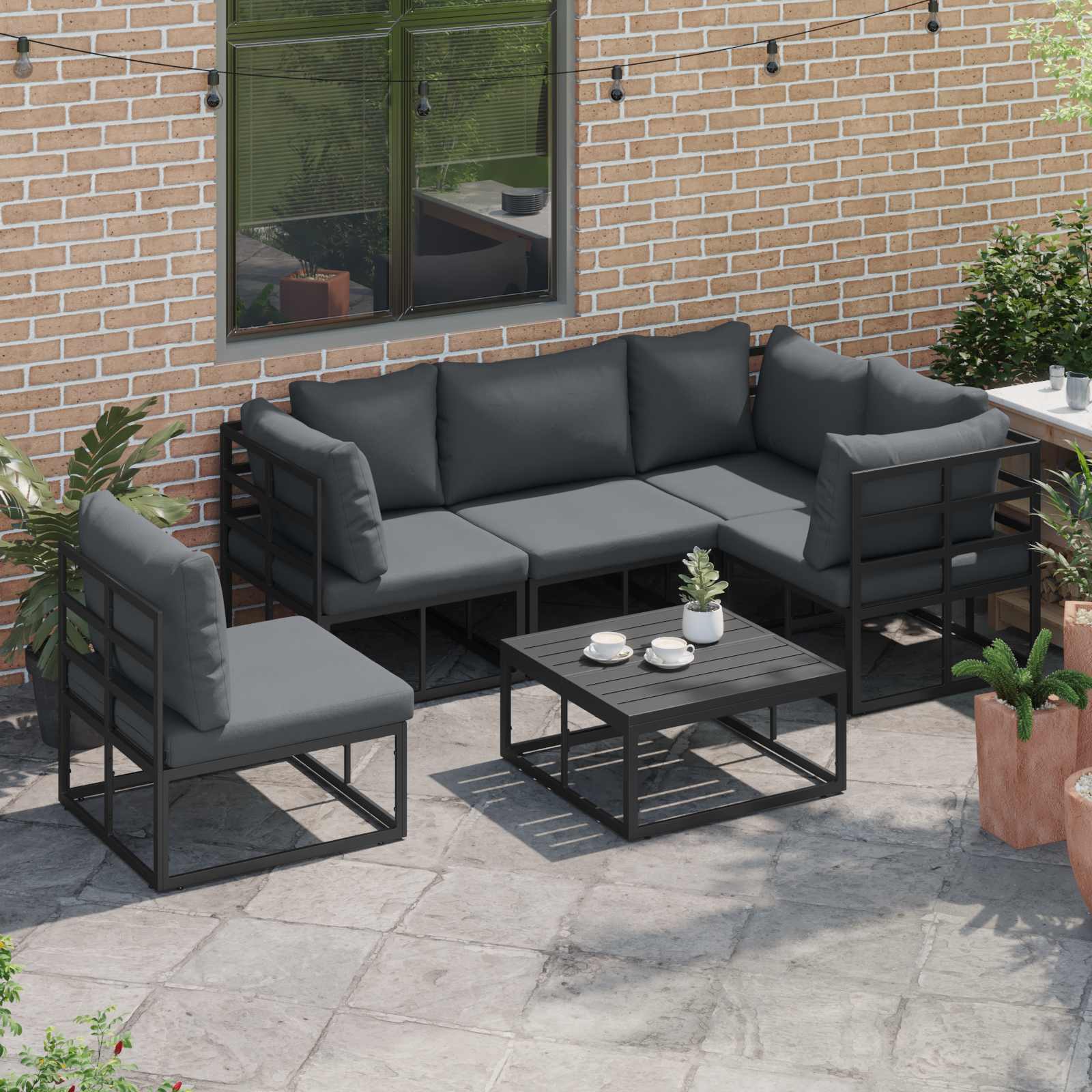 Conjunto de sofás de jardín con cojín 5 pcs Negro Aluminio