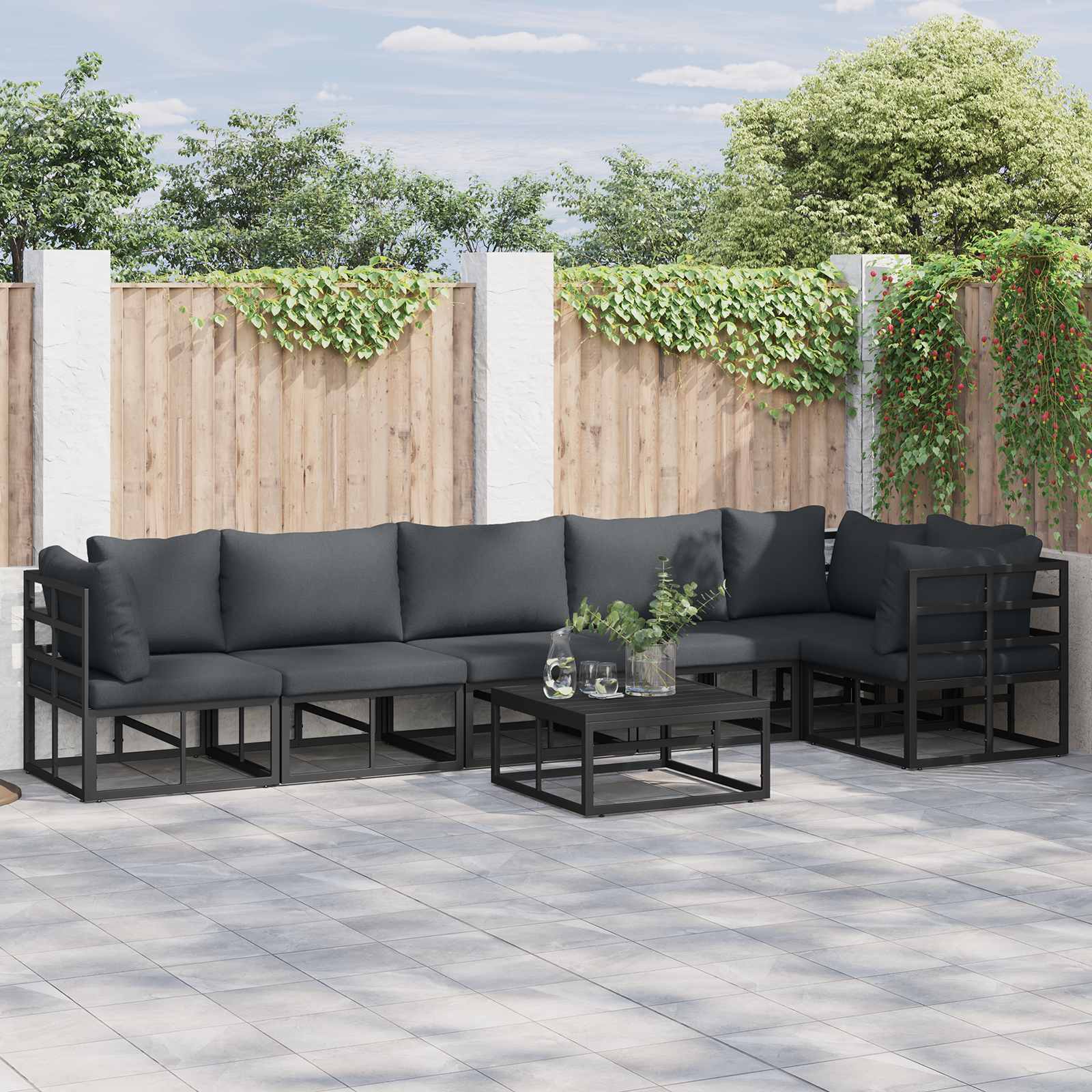 Conjunto de sofás de jardín con cojín 6 pcs Negro Aluminio
