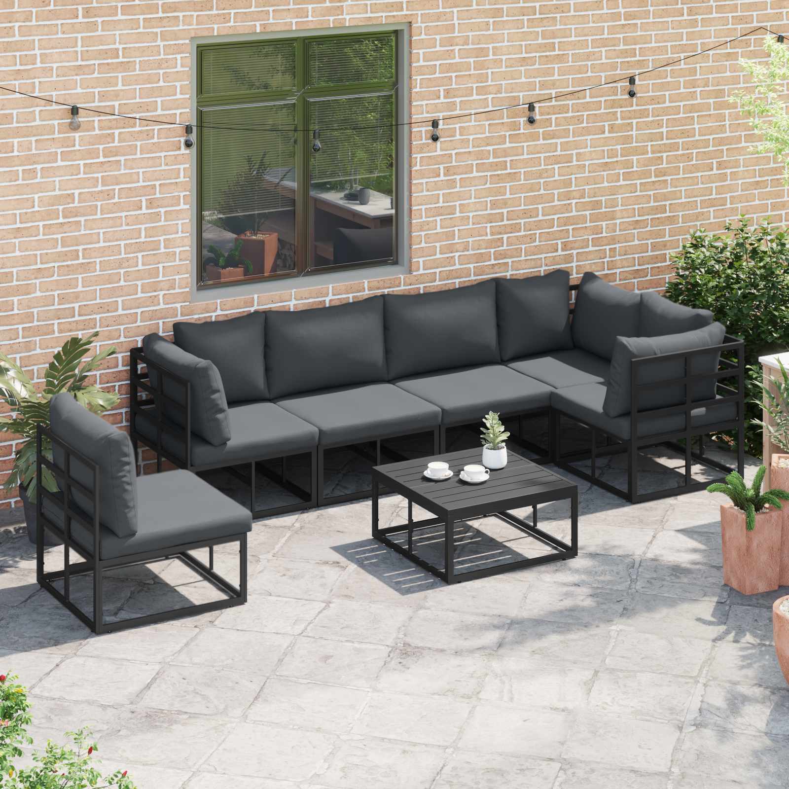 Conjunto de sofás de jardín con cojín 6 pcs Negro Aluminio