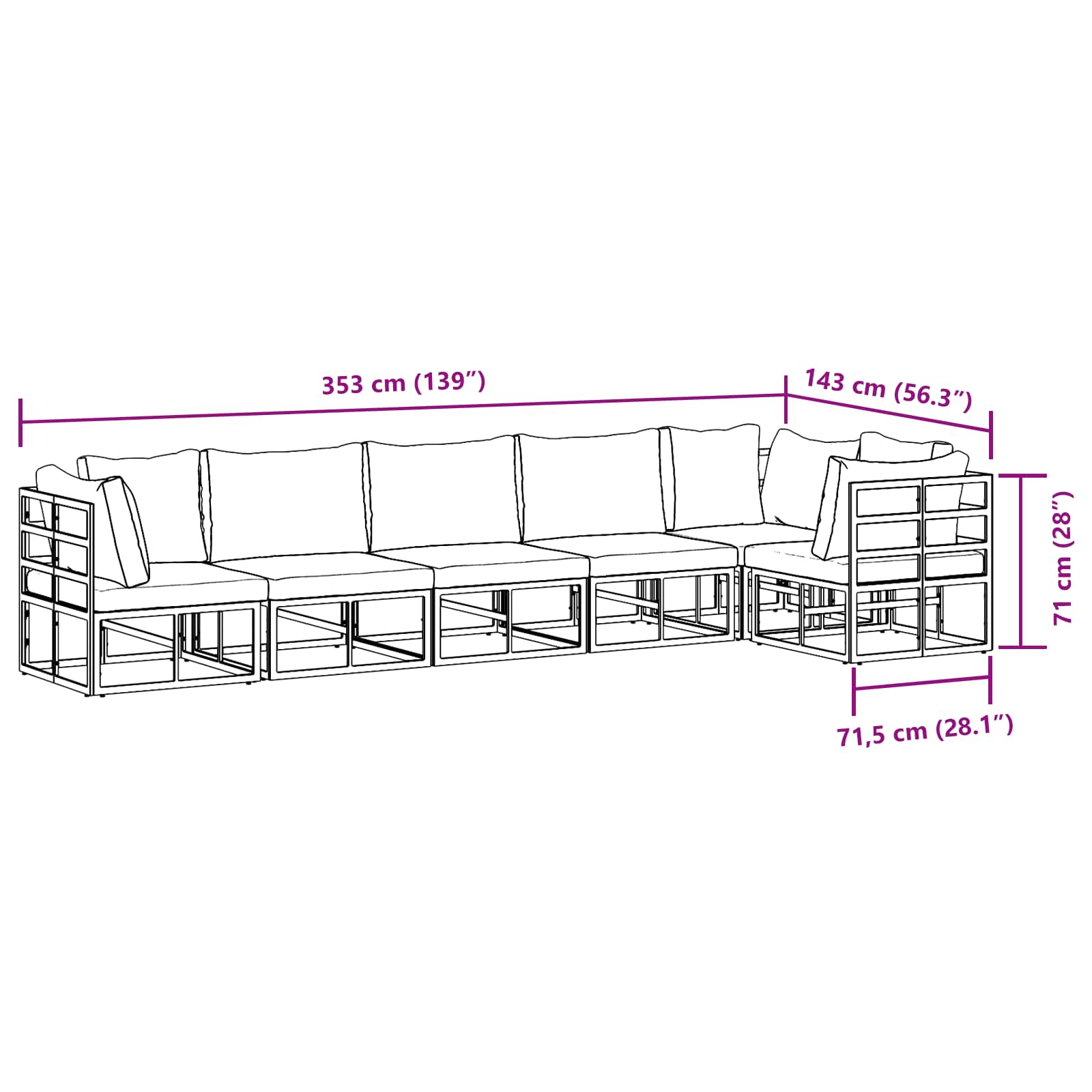 Conjunto de sofás de jardín con cojín 6 pcs Negro Aluminio