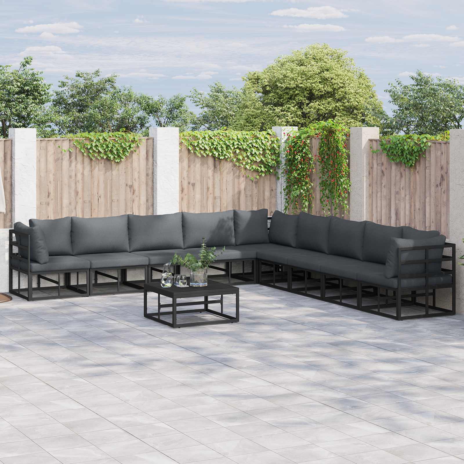 Conjunto de sofás de jardín con cojín 10 pcs Negro Aluminio