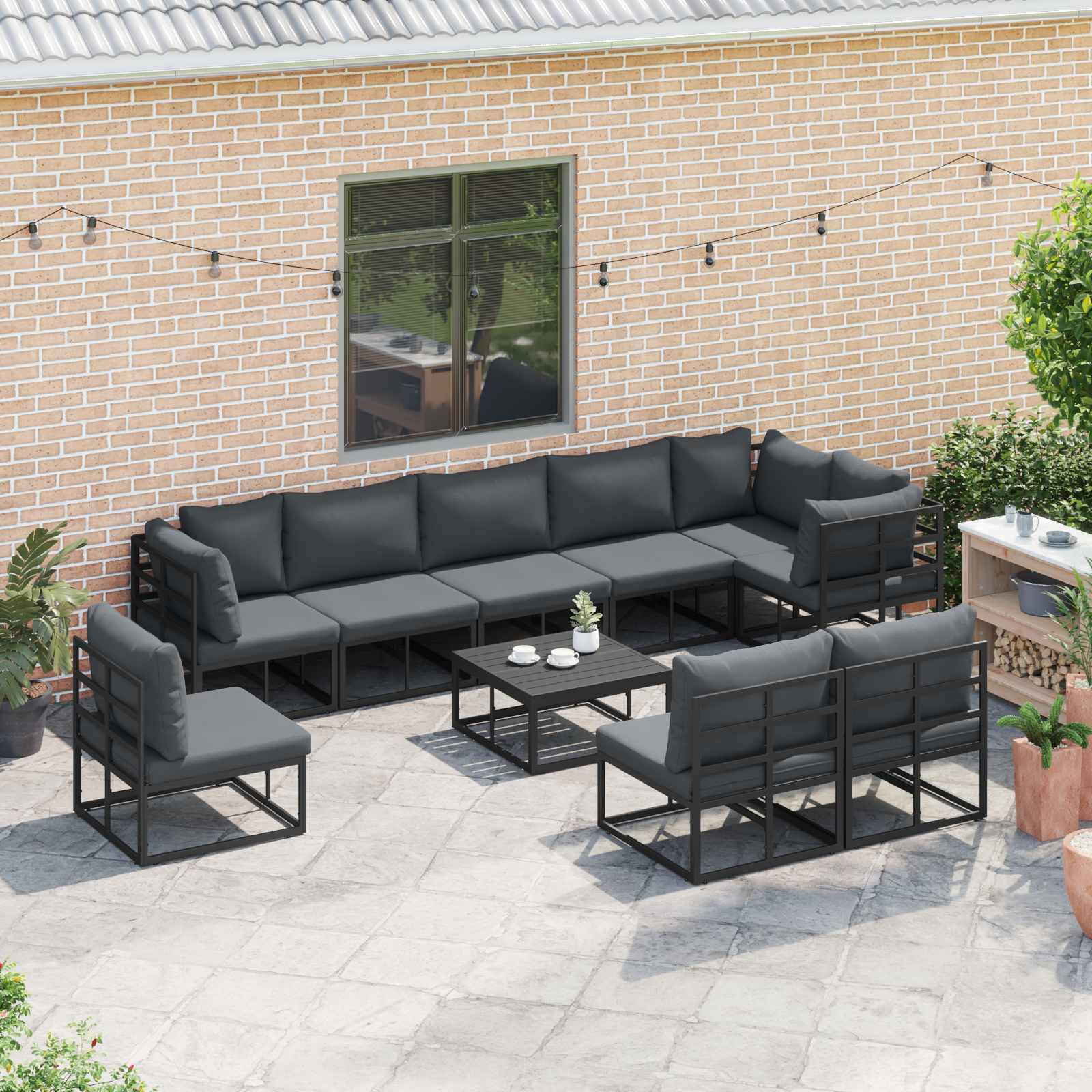 Conjunto de sofás de jardín con cojín 10 pcs Negro Aluminio